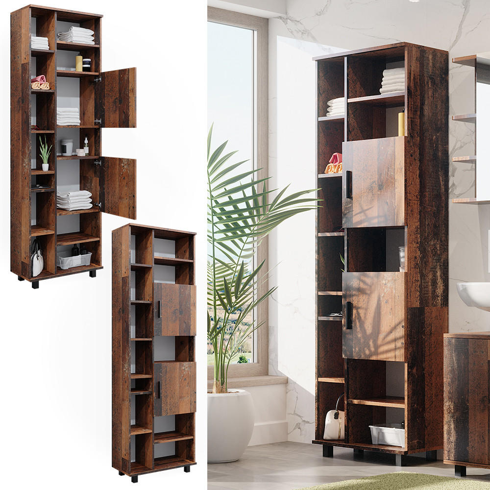 BADSCHRANK Ilias Eiche rustikal 60 x 190 cm mit Türen und offenen Fächern - Wildeiche, Holzwerkstoff (60/190/30cm) - Vicco