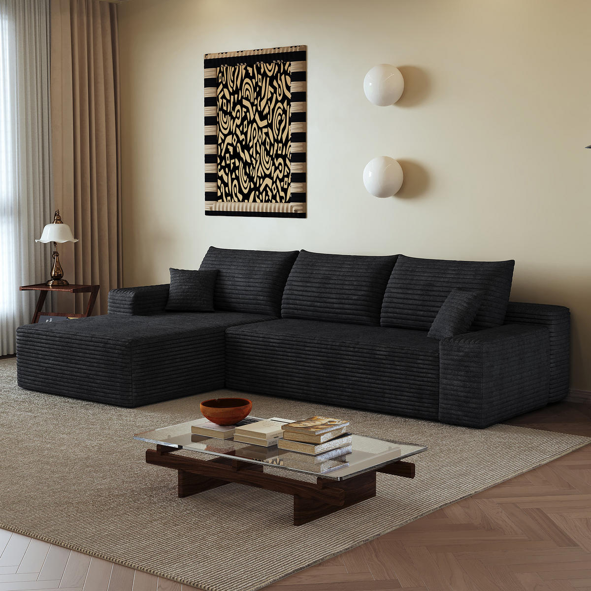 ECKSOFA 270/175/83 cm Schwarz Cord mit Chaiselongue, Linke Seite - Schwarz, Textil (270/175cm) - Oxeza