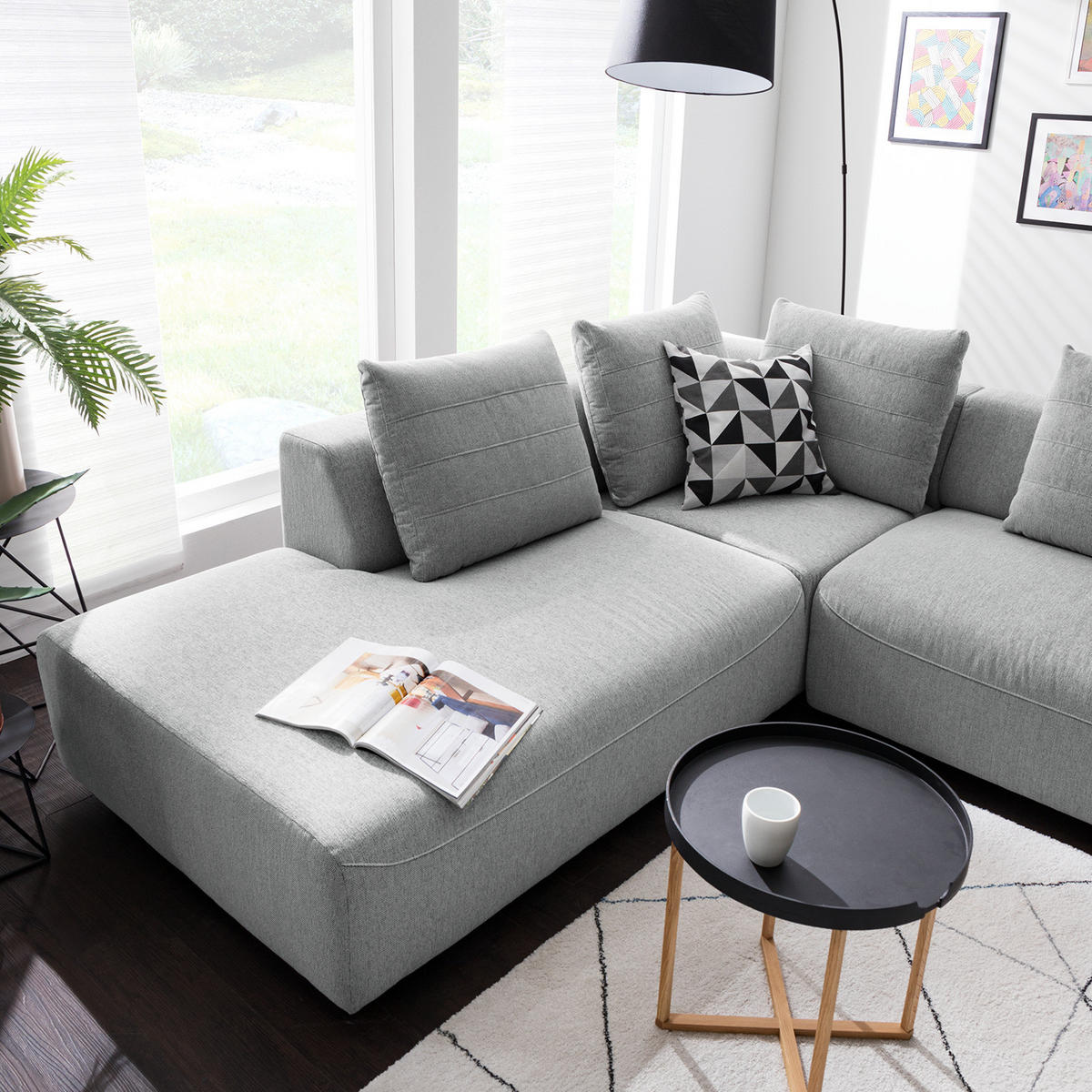 ECKSOFA mit Ottomane - Webstoff - Hellgrau/Schwarz, Kunststoff/Textil (283/237cm) - home24