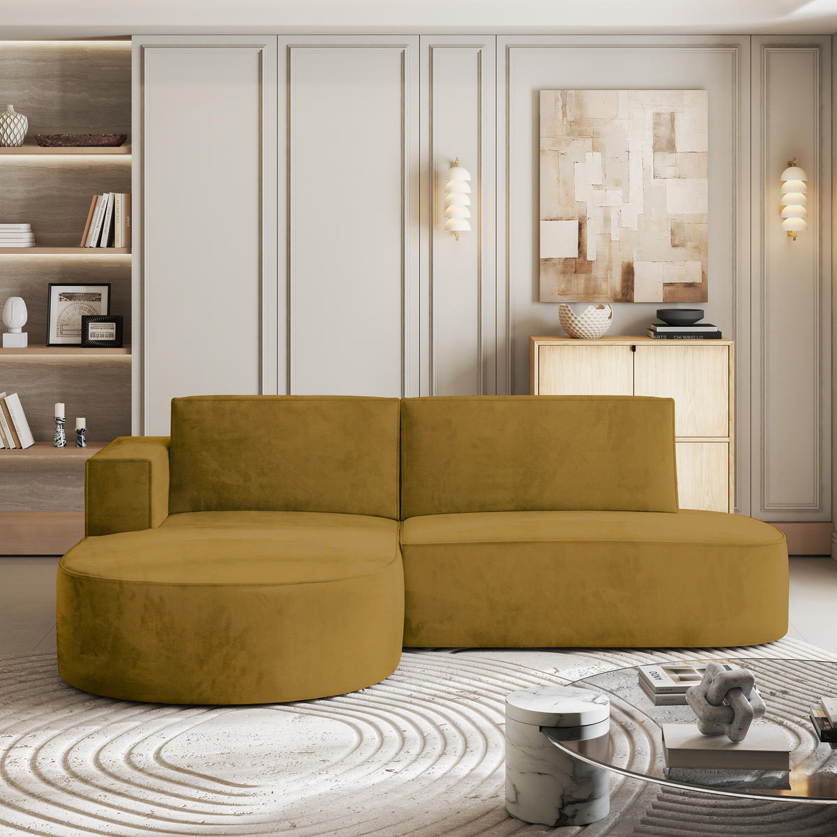 ECKSOFA CORTIO M L-S Gelb Velours-Stoff mit Schlaffunktion - Gelb/Grau, Holz/Kunststoff (265/174cm) - MASSENO