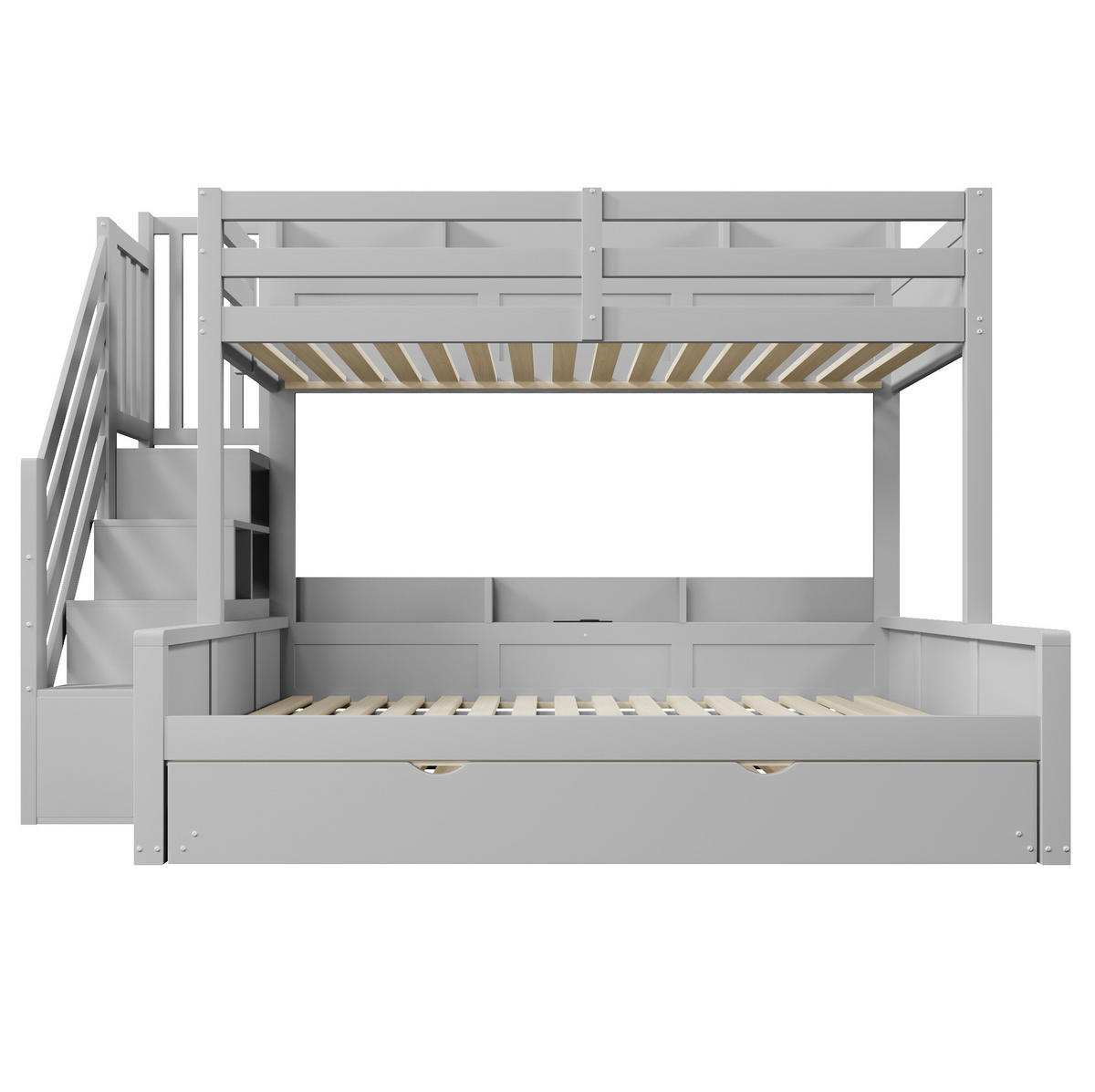 ETAGENBETT aus MDF und Kiefer 90x200/140x200 cm Grau mit Ausziehbett, Stauraumtreppe und USB-Anschluss - Grau, Holz (90/200cm) - Modfu