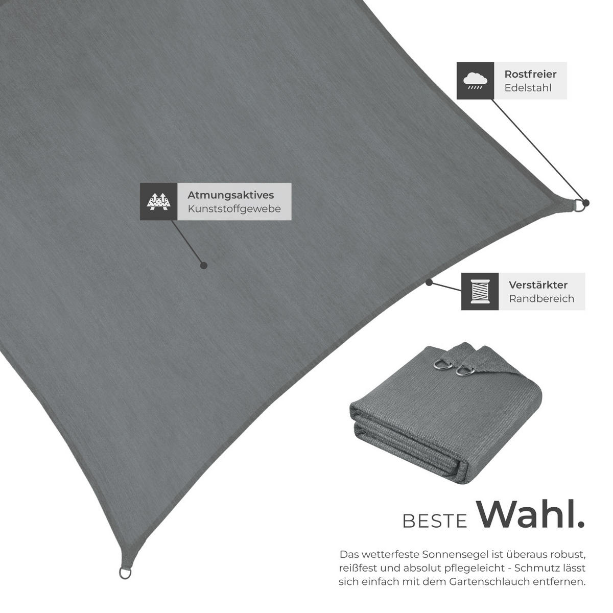 SONNENSEGEL Sunny,umfangreiches Montagematerial,grau - Grau, Kunststoff (300/200cm) - tectake