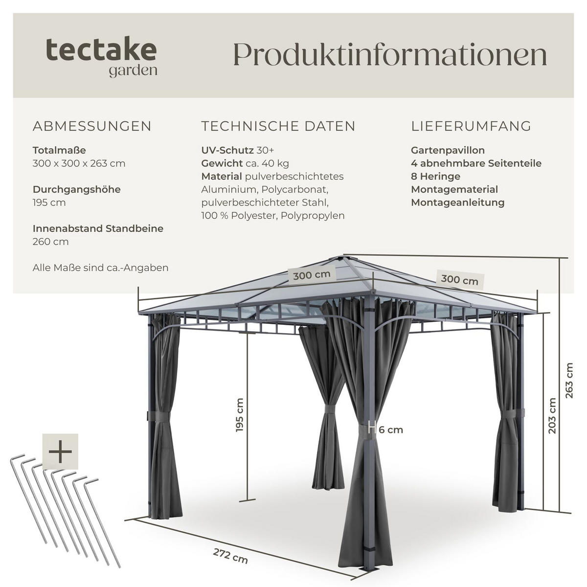 GARTENPAVILLON Caracas, inklusive 8 Heringen, grau - Grau, Metall (300/263/300cm) - tectake