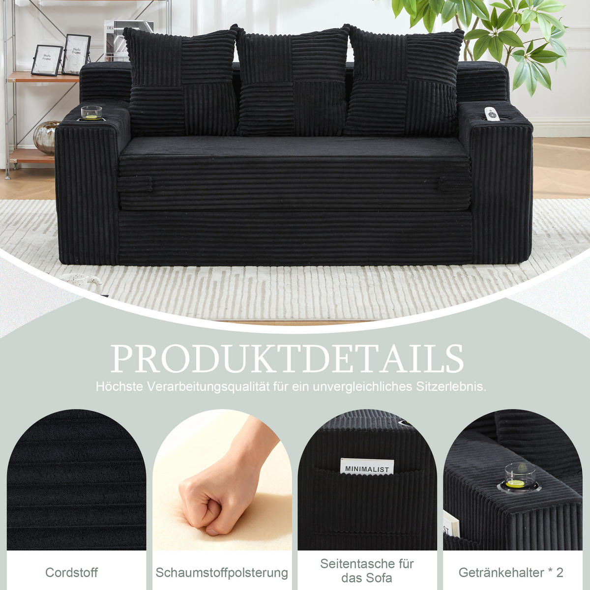 2-SITZER Bodensofa ausklappbar, Getränkehalter/Seitentaschen, Cord, Schwarz - Schwarz, Textil (172/64/87cm) - LVHOM