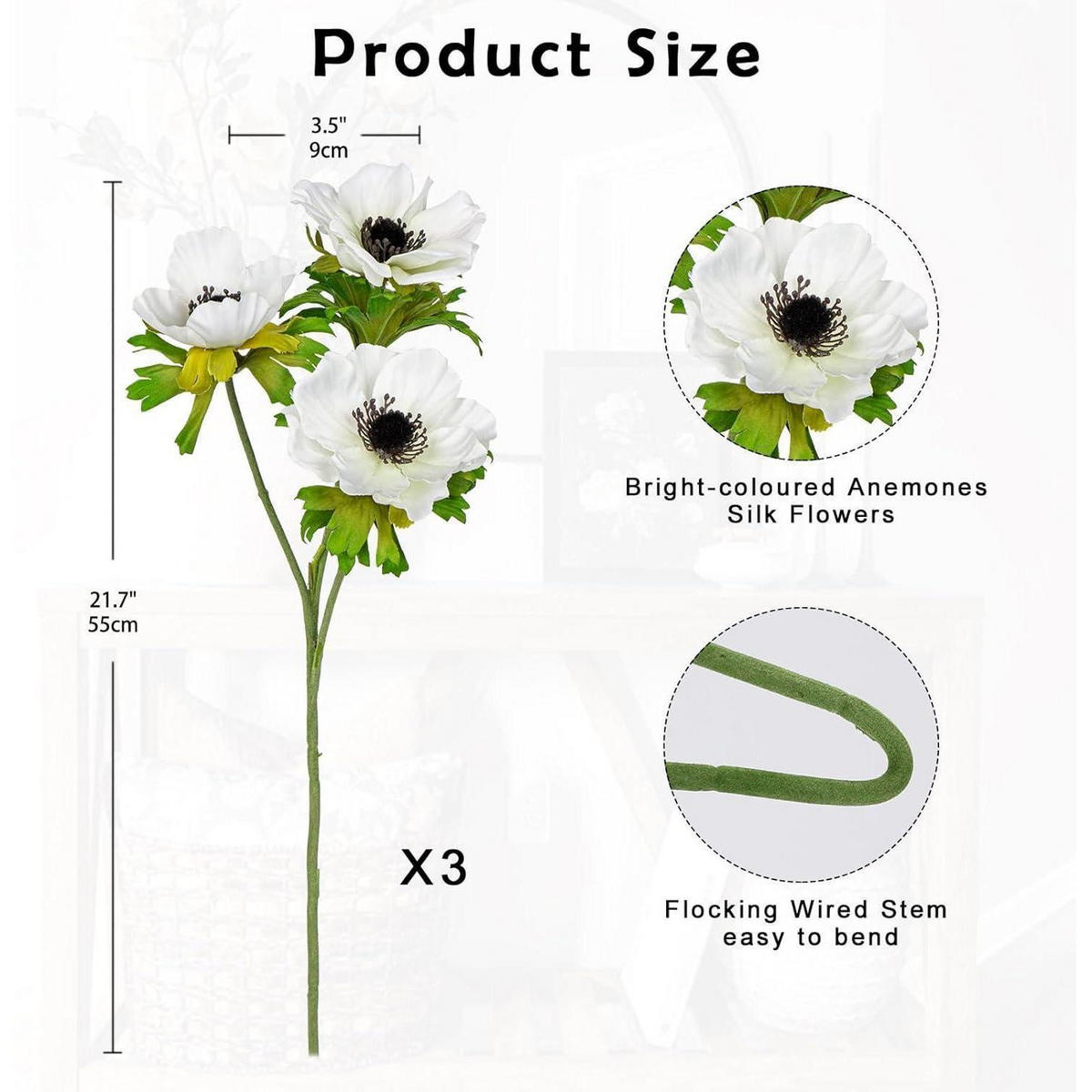 KUNSTBLUMEN 3er Set Anemonen Weiß 55 cm - Weiß, Kunststoff (56cm)