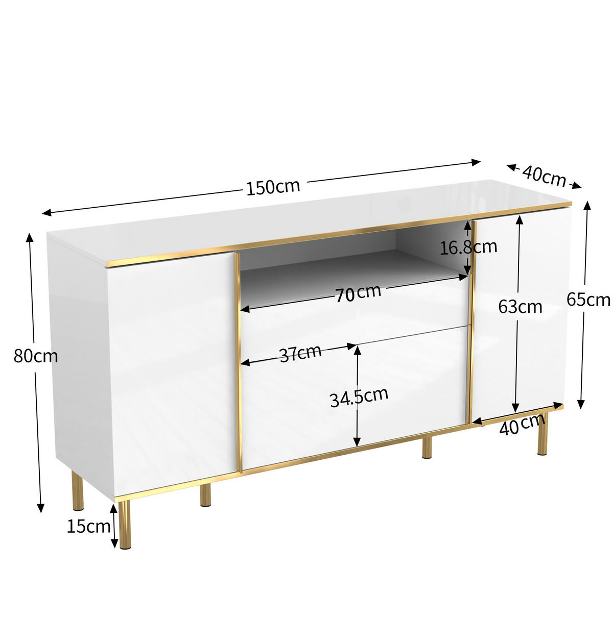 SIDEBOARD mit LED 150x40x80 cm Weiß Hochglanz - Weiß, Holzwerkstoff (150/80/40cm) - Meubliv