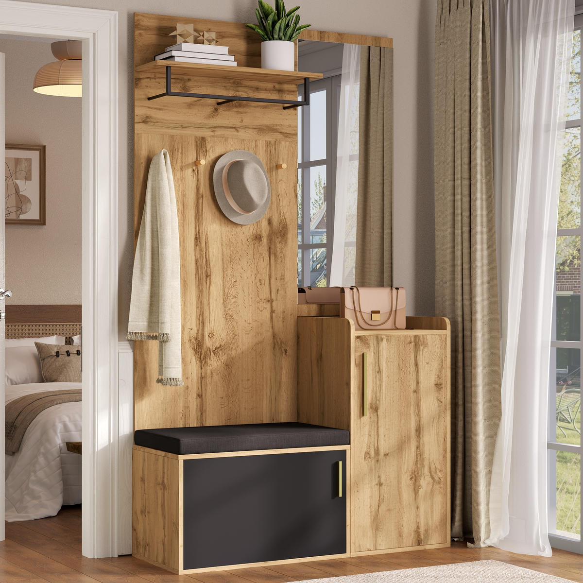 GARDEROBENSET Spiegel Sitzbank Schuhschrank - Naturfarben, Holzwerkstoff (100/185/38cm) - Fortuna Lai