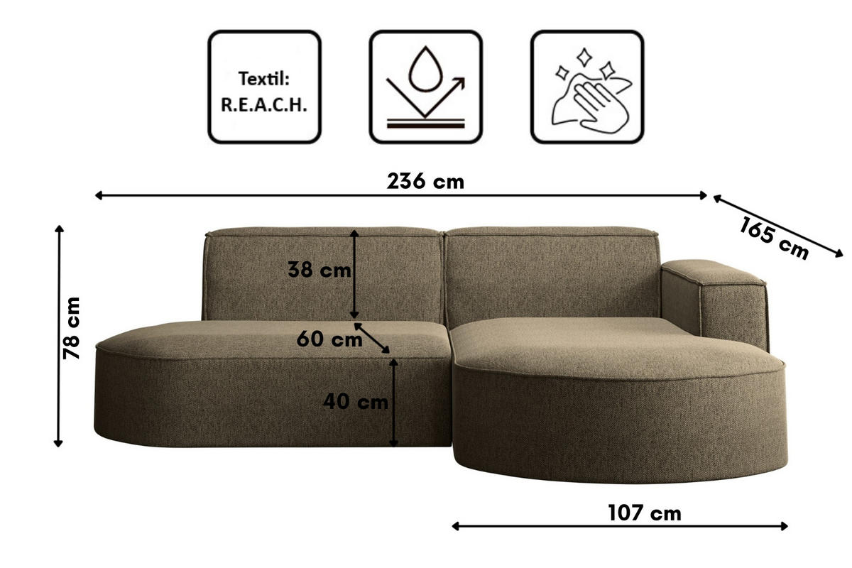 ECKSOFA MODENA L STUDIO Stoff Verita Dunkelbeige Rechts - Cappuccino, Holz (236/165cm) - Kaiser Möbel
