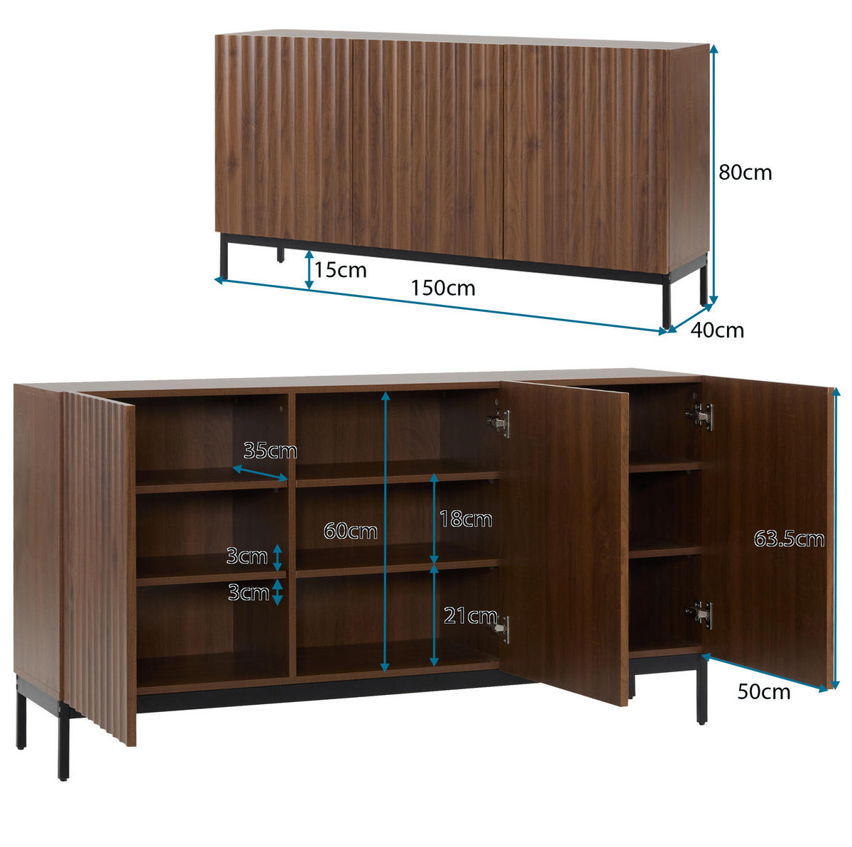 SIDEBOARD 150/40/80 cm Dunkelbraun aus MDF mit verstellbaren Einlegeböden - Dunkelbraun, Holzwerkstoff (40/80/150cm) - OKMYHOME