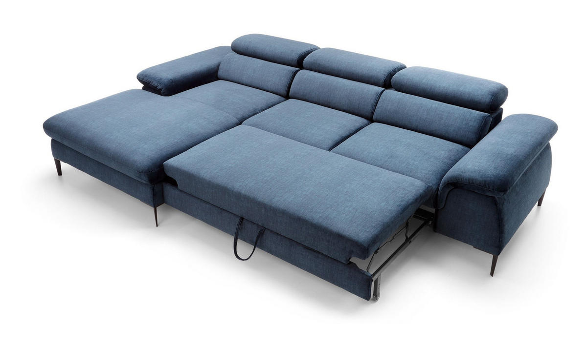 ECKSOFA MESTO Blau Velours-Stoff mit Schlaffunktion - Blau, Holz (288/182cm) - MASSENO