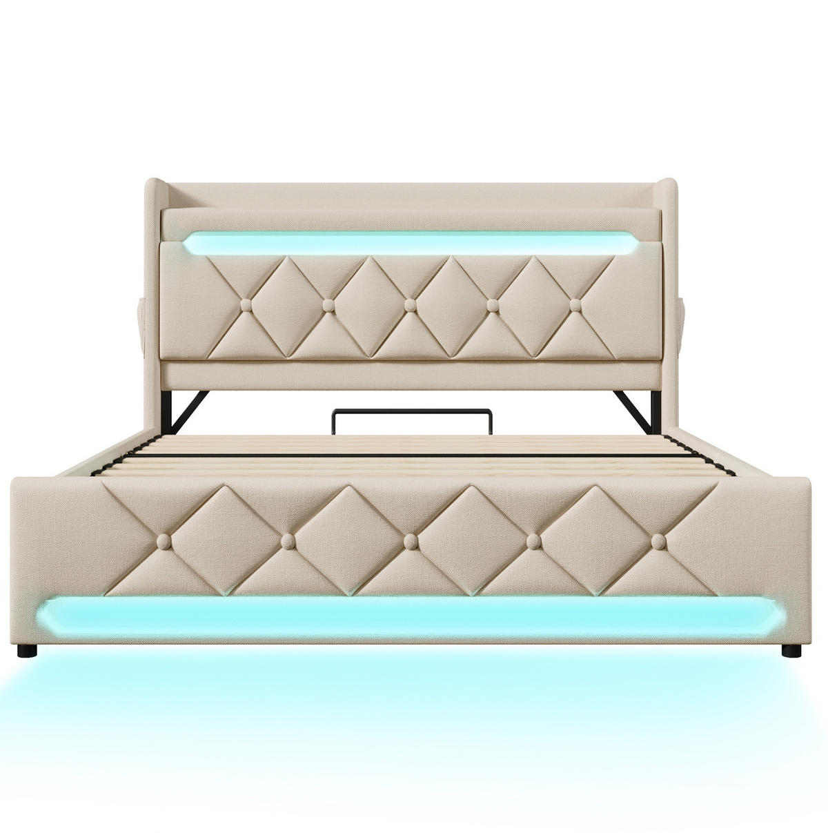 POLSTROVACÍ postel 140/190 cm béžová z lnu s LED osvětlením, USB a úložným čelem - béžová, textil (140/190cm) - OKWISH