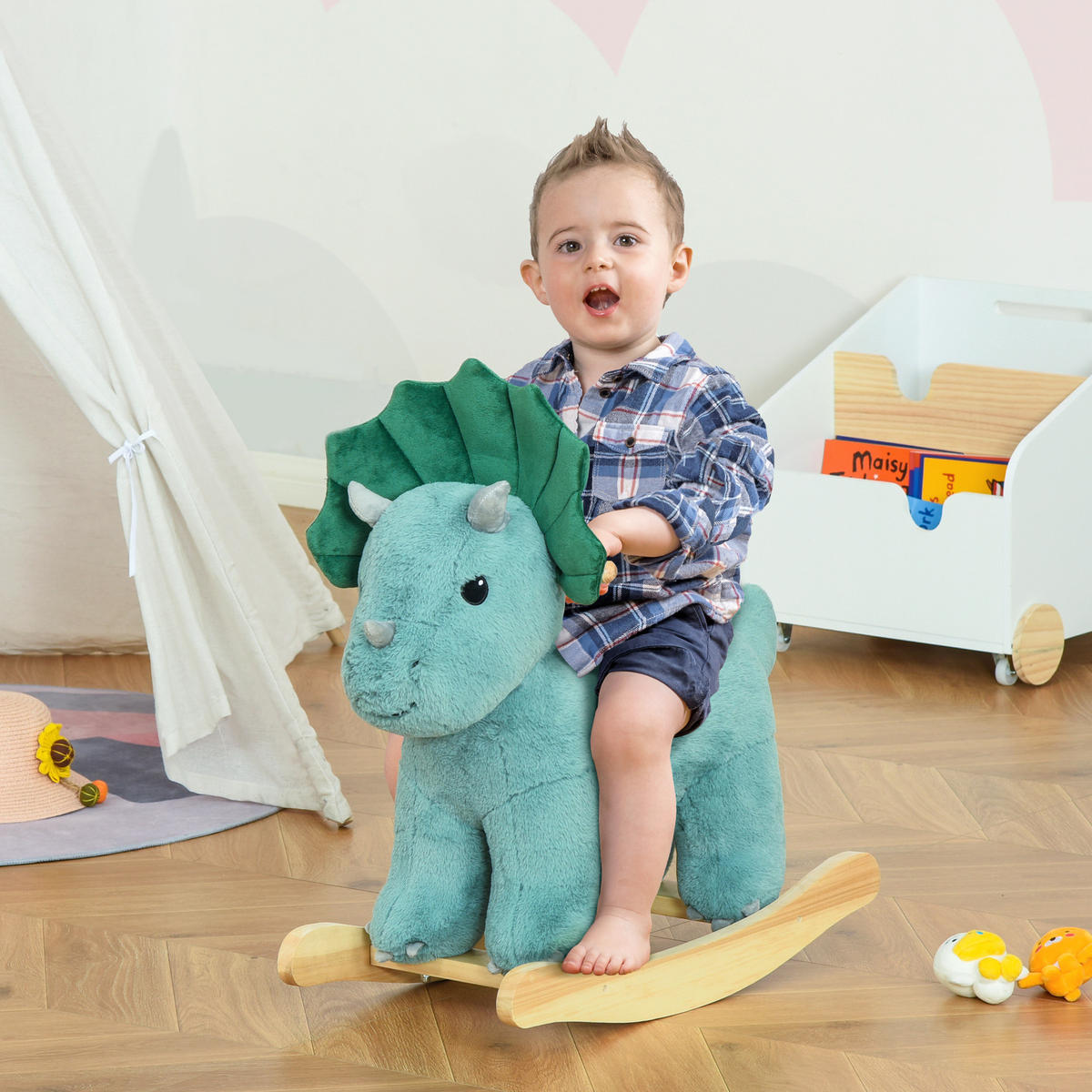 KINDER SCHAUKELTIER, Dunkelgrün, Plüsch+ Holz - Dunkelgrün, Holz (30/54/64cm) - HOMCOM
