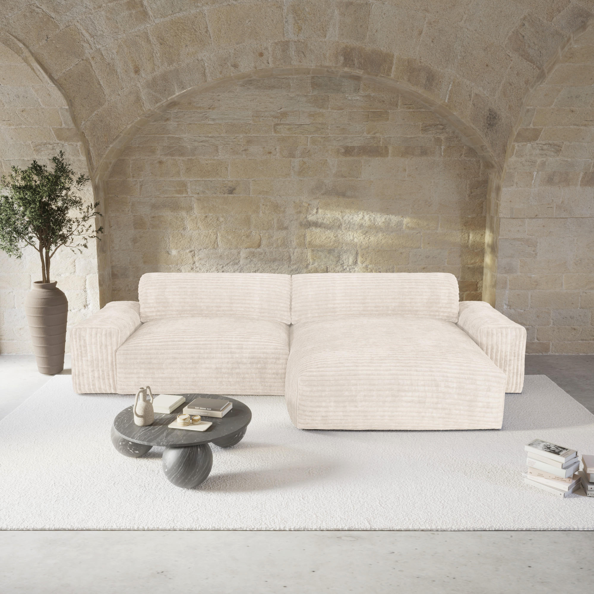 ECKSOFA RECHTS Gerippter Samt XXL Creme 220cm - Creme, Textil (220/120cm) - Sia Home