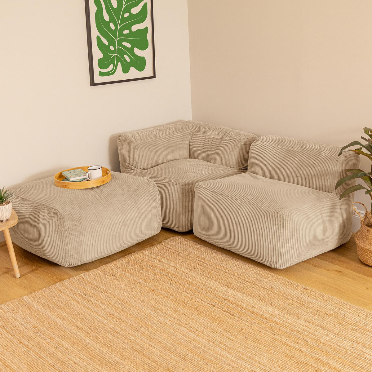 SITZSACK-SOFA 3-tlg. ZEN: Ecksessel, Sessel, Fußstütze - Beige, Textil (290/68/100cm) - icon