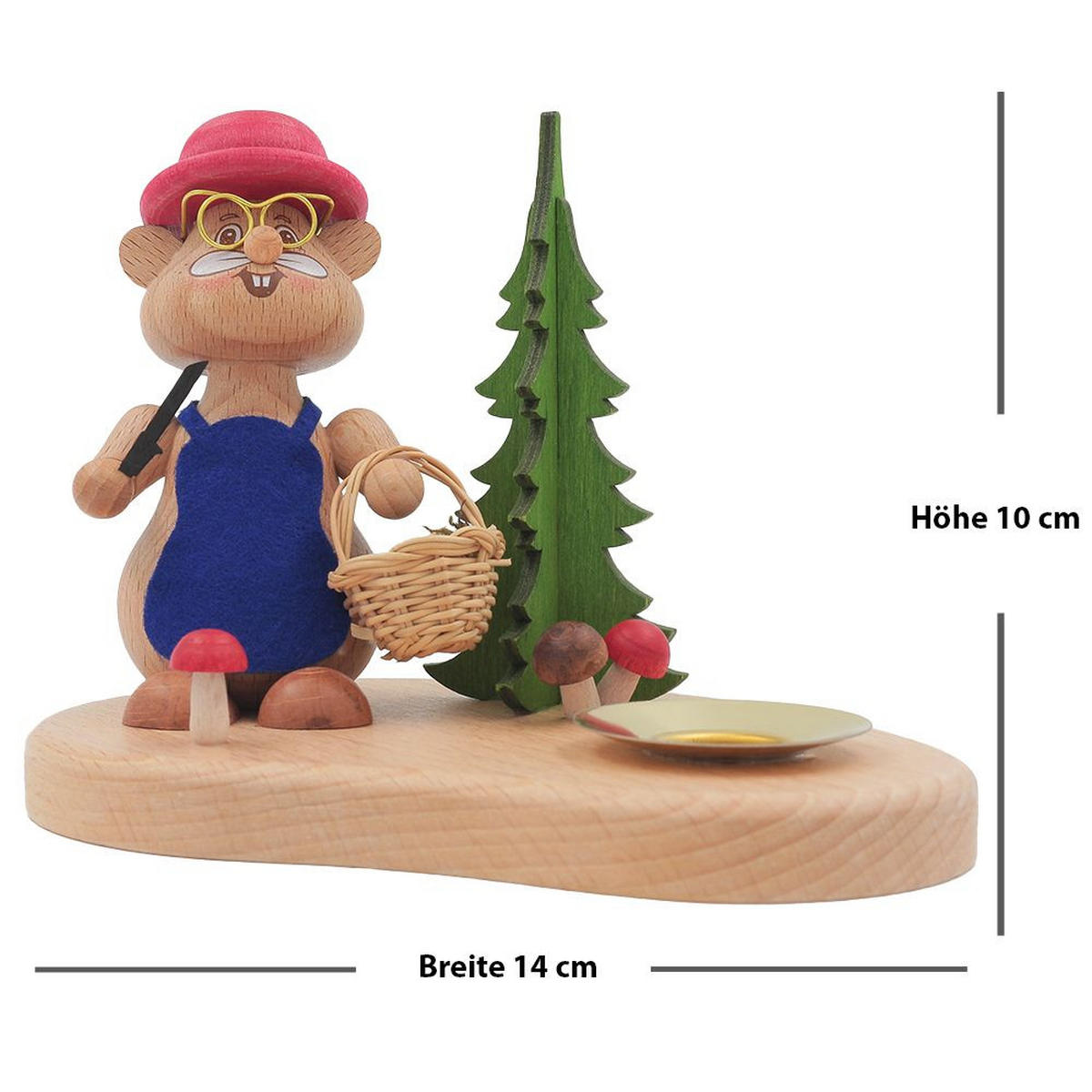 HOLZFIGUR Hamster Pilzsammler mit Kerzenhalter 11 cm - Multicolor, Metall (14/1/0.1cm)