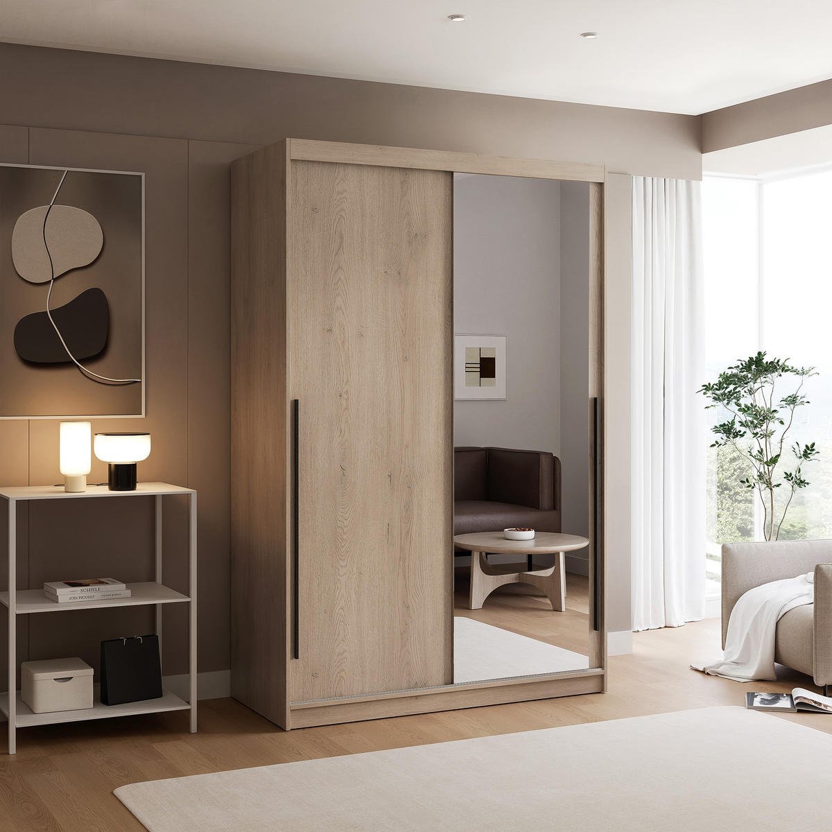 SCHIEBETÜRENSCHRANK SILENTE 140 cm mit Einlegeböden und Kleiderstange - Braun, Holzwerkstoff (140/215/60cm) - Idohome