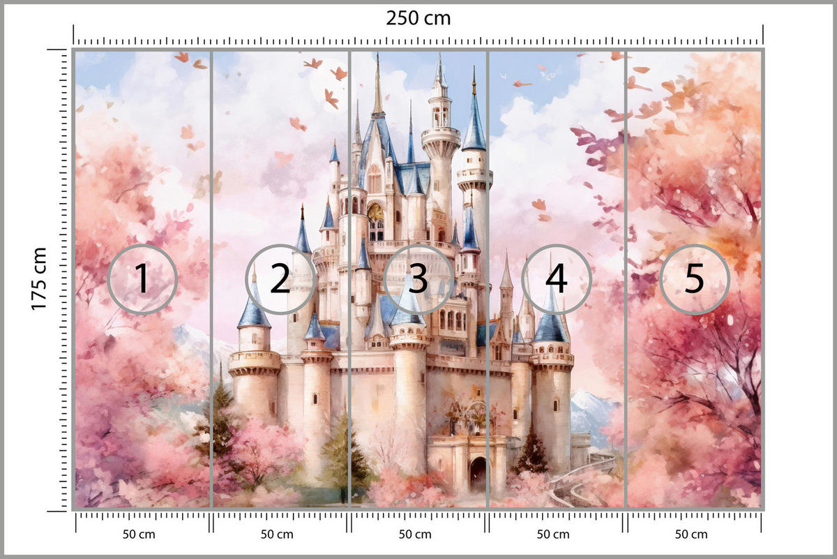 FOTOTAPETE für Kinderzimmer Märchenschloss Aquarell 250x175 - Blau/Violett, Papier (250/175cm) - Muralo