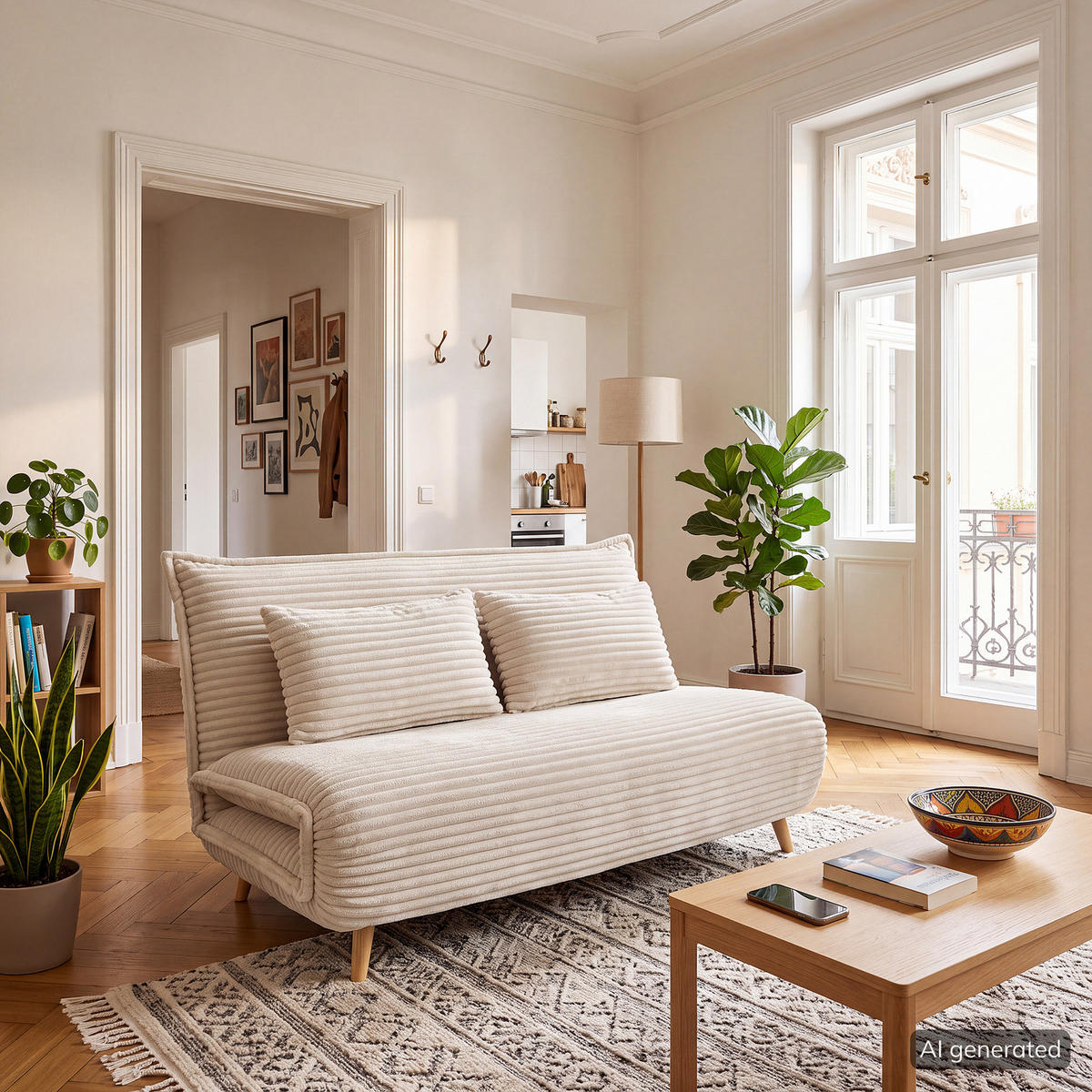 SCHLAFSOFA - Cord / Eiche - Creme - Eiche Hell - Eichefarben/Creme, Textil/Metall (150/85/92cm) - home24