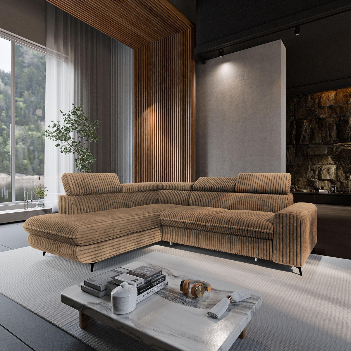 ECKSOFA VELISS Beige Kordstoff mit Schlaffunktion - Beige, Holz (255/193cm) - MASSENO