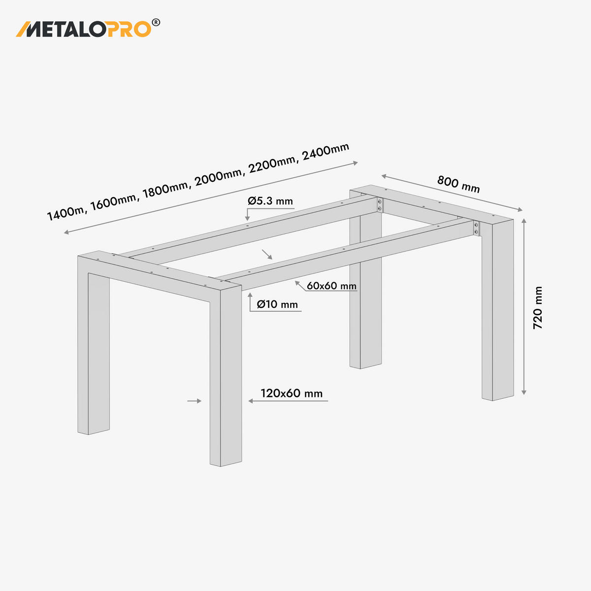 TISCHBEINE Etamin Extreme Schwarz Metall 240/80/72 cm - Schwarz, Metall (80/72/240cm) - Metalo Pro