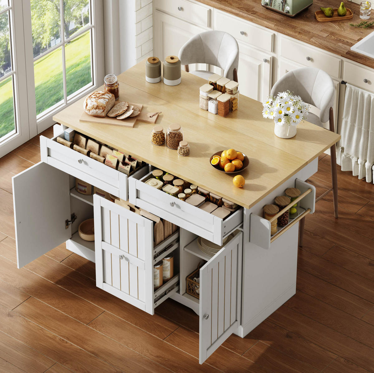KÜCHENINSEL mit klappbarer Arbeitsplatte 120 x 70 (45+25) x 92 cm Natural White - Naturfarben, Holz (70/92/120cm) - Beauniv