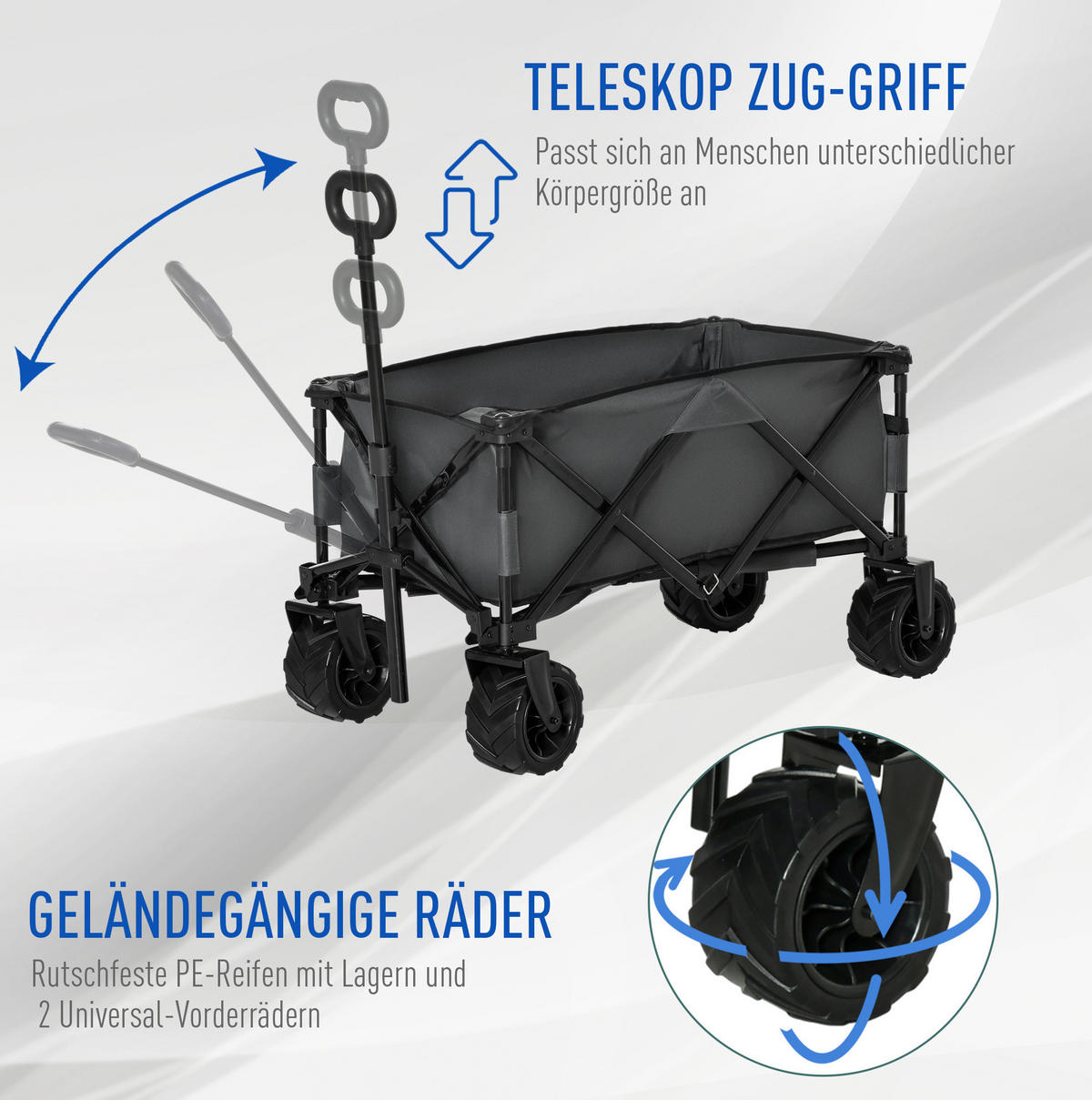 GARTENKARRE klappbar, 70 kg Nutzlast, vierrädrig mit 360°-Lenkrädern - Dunkelgrau, Metall (55/89/108cm) - BEAOK