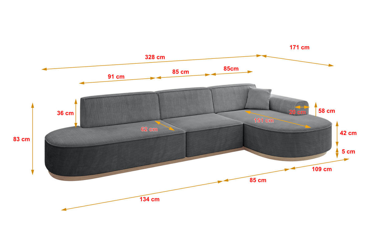 ECKSOFA Ottomane Rechts MARI-L2-v1 - 328x171x83 cm Dunkelgrau Cord - Dunkelgrau, Holzwerkstoff/Textil (171/328cm) - ALTDECOR