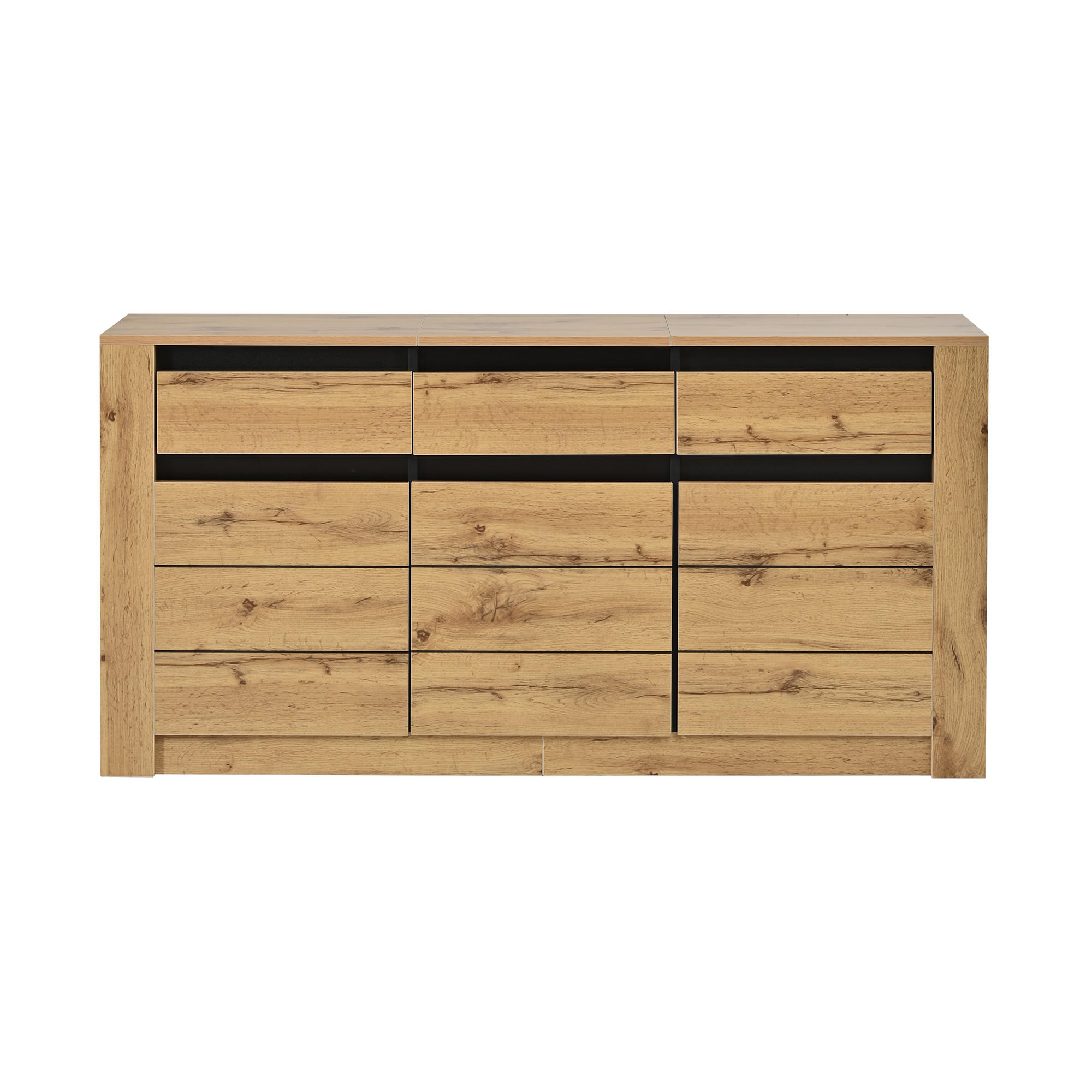 BUFLET 135cm cu Wellenholzoptik, 3 Schubladen & Schrankfächern, Naturholzfarbe - culoare naturală, compozit lemnos (135/70/35cm) - Urban Meuble