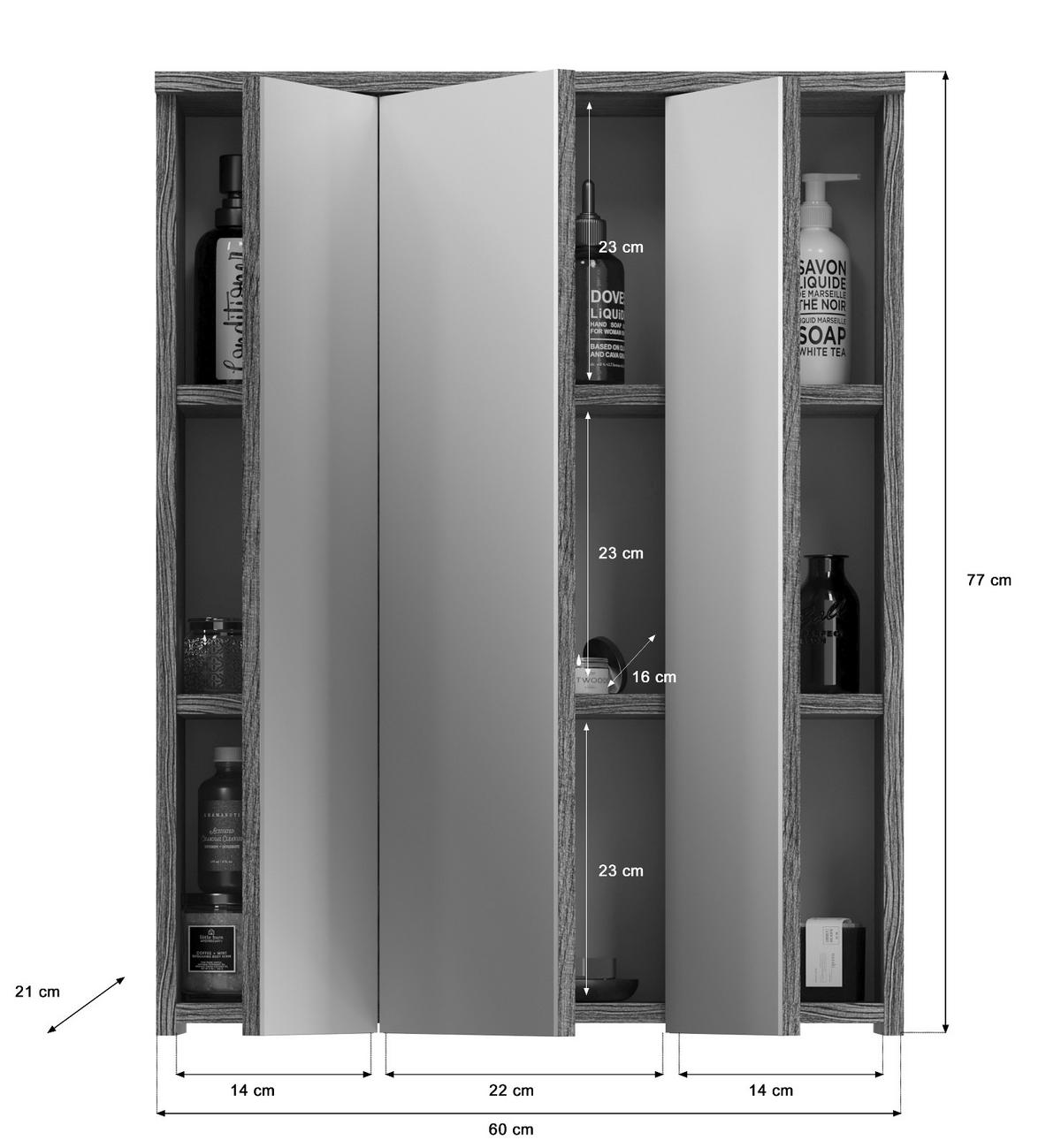 SPIEGELSCHRANK grau Rauchsilber 60 cm, Badschrank 3-türig - Grau, Glas/Holzwerkstoff (60/77/21cm) - Inn.Furn