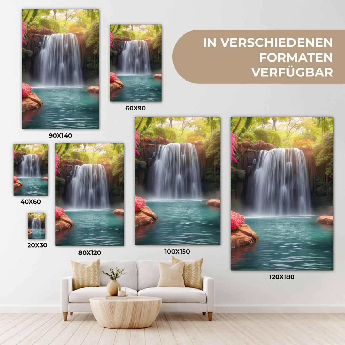 LEINWANDBILD Wasserfall - Natur - Pflanzen - Dschungel - Wasser 40x60 cm - Grün, Textil (40/60cm) - MuchoWow