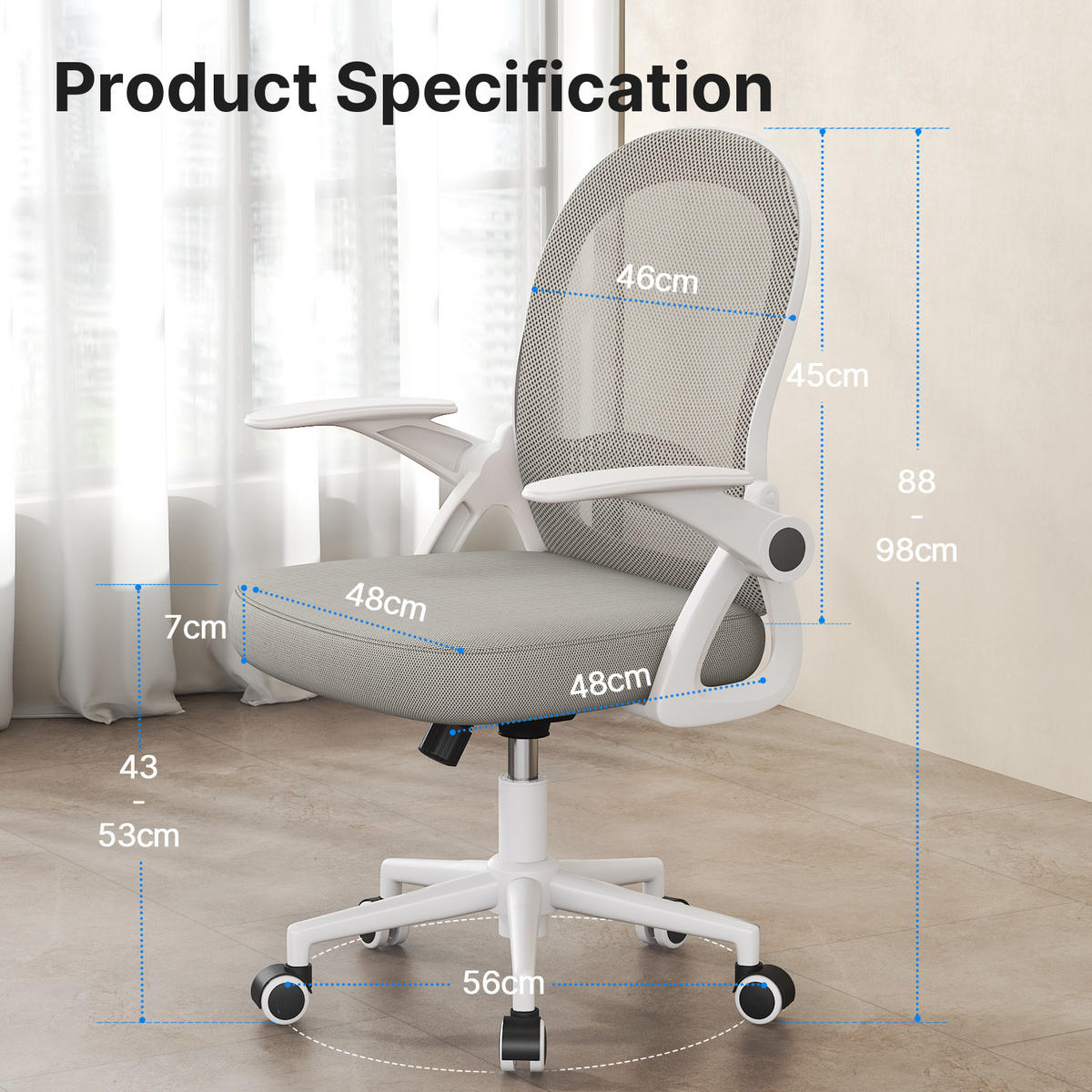 BÜROSTUHL ergonomisch, mittelhohe Rückenlehne, klappbare Armlehnen, Lendenstütze – Grau - Grau, Metall (56/98/56cm) - Rattantree