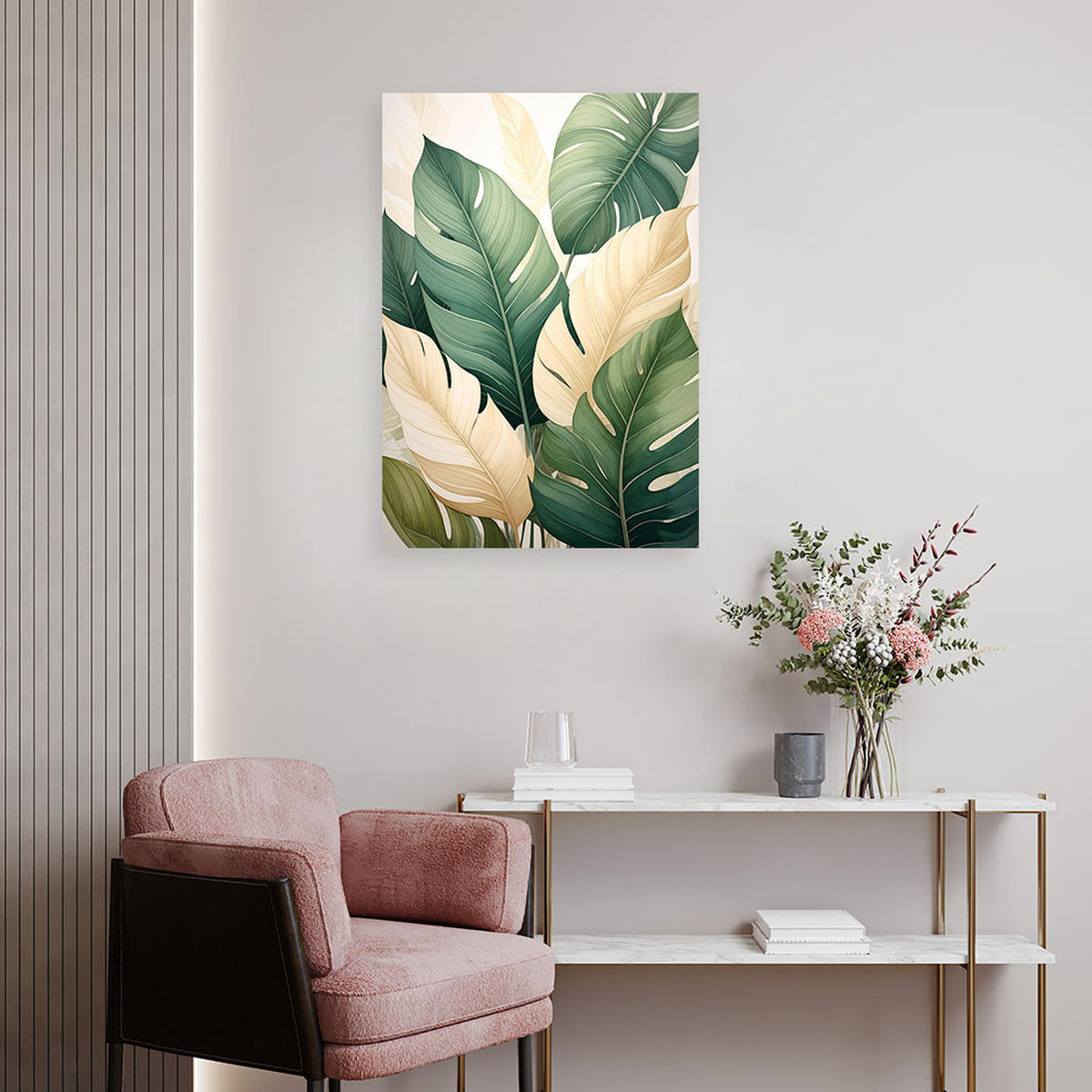 WANDBILD, Grüne und cremefarbene tropische Blätter in einer natürlichen Komposition - Grün, Textil (40/60cm) - Feeby