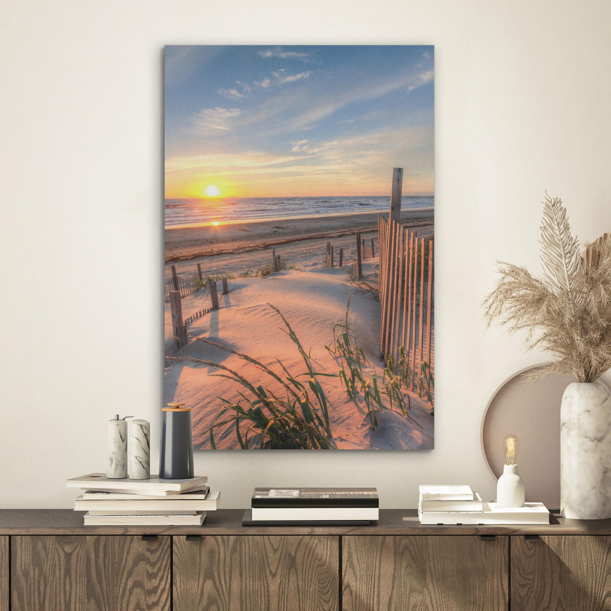 AKUSTIKBILD Strand - Meer - Düne - Sonnenuntergang - Landschaft Kunstdruck Schlafzimmer 50x70 cm - Beige, Kunststoff (50/70/0.9cm) - MuchoWow