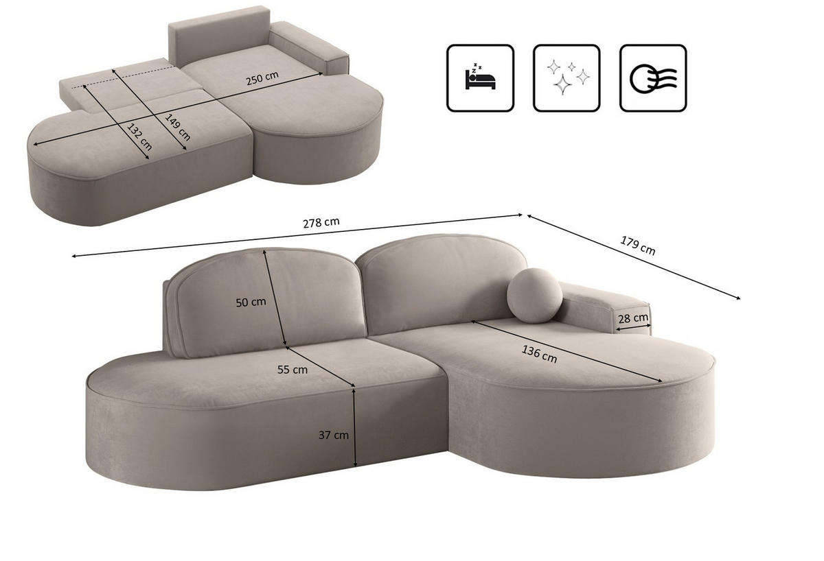ECKSOFA mit Schlaffunktion und Bettkasten Modena Runden stoff Salvador Hellbeige Rechts - Creme, Holz/Textil (278/179cm) - Kaiser Möbel