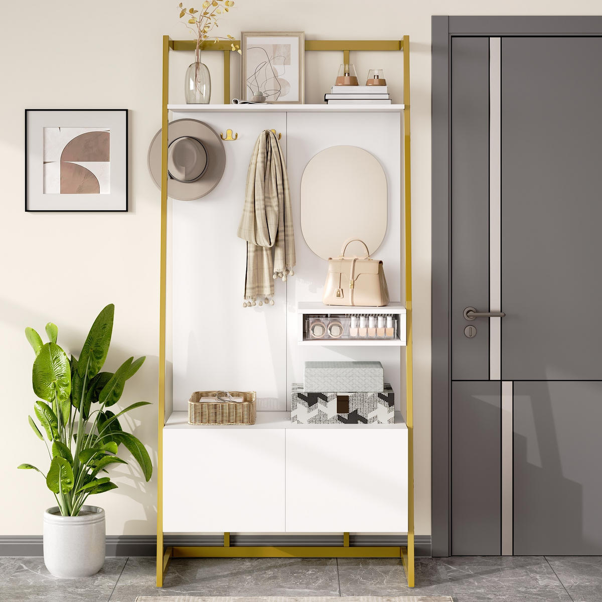 GARDEROBE-SET in Weiß und Gold Flurgarderobe mit Spiegel und Schuhbank für Eingangsbereich und Flur, B78/T38.5/H180.5 cm - Goldfarben/Weiß, Glas/Holzwerkstoff (78/180.5/38.5cm) - STILVORA