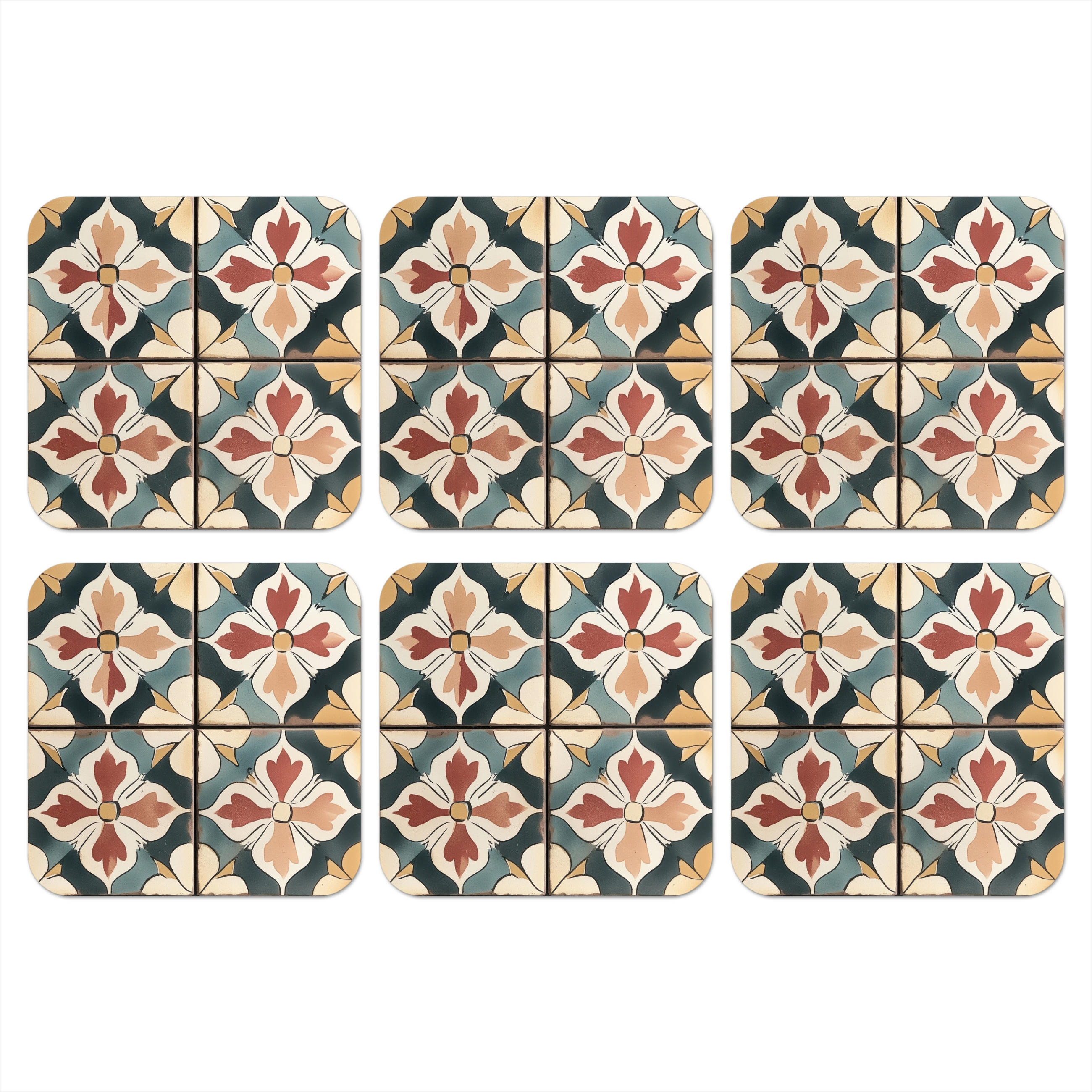 GLASUNTERSETZER 6er-Set Dekorationen - Kacheln - Spanisch - Vintage 10x10 cm - Petrol, Naturmaterialien (10/0.2cm) - MuchoWow