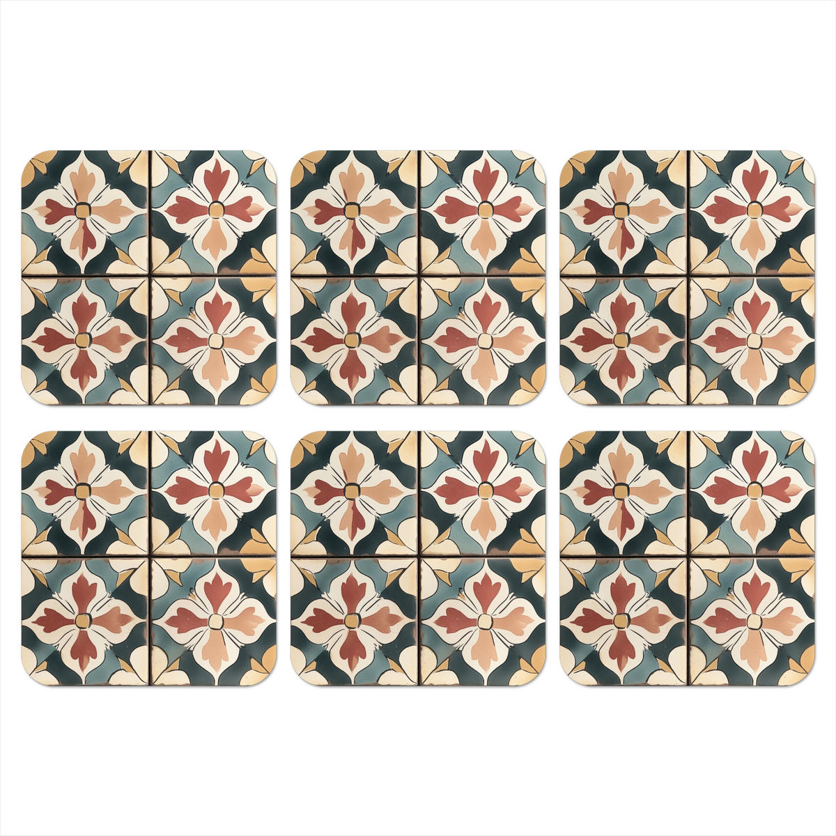 GLASUNTERSETZER 6er-Set Dekorationen - Kacheln - Spanisch - Vintage 10x10 cm - Petrol, Naturmaterialien (10/0.2cm) - MuchoWow