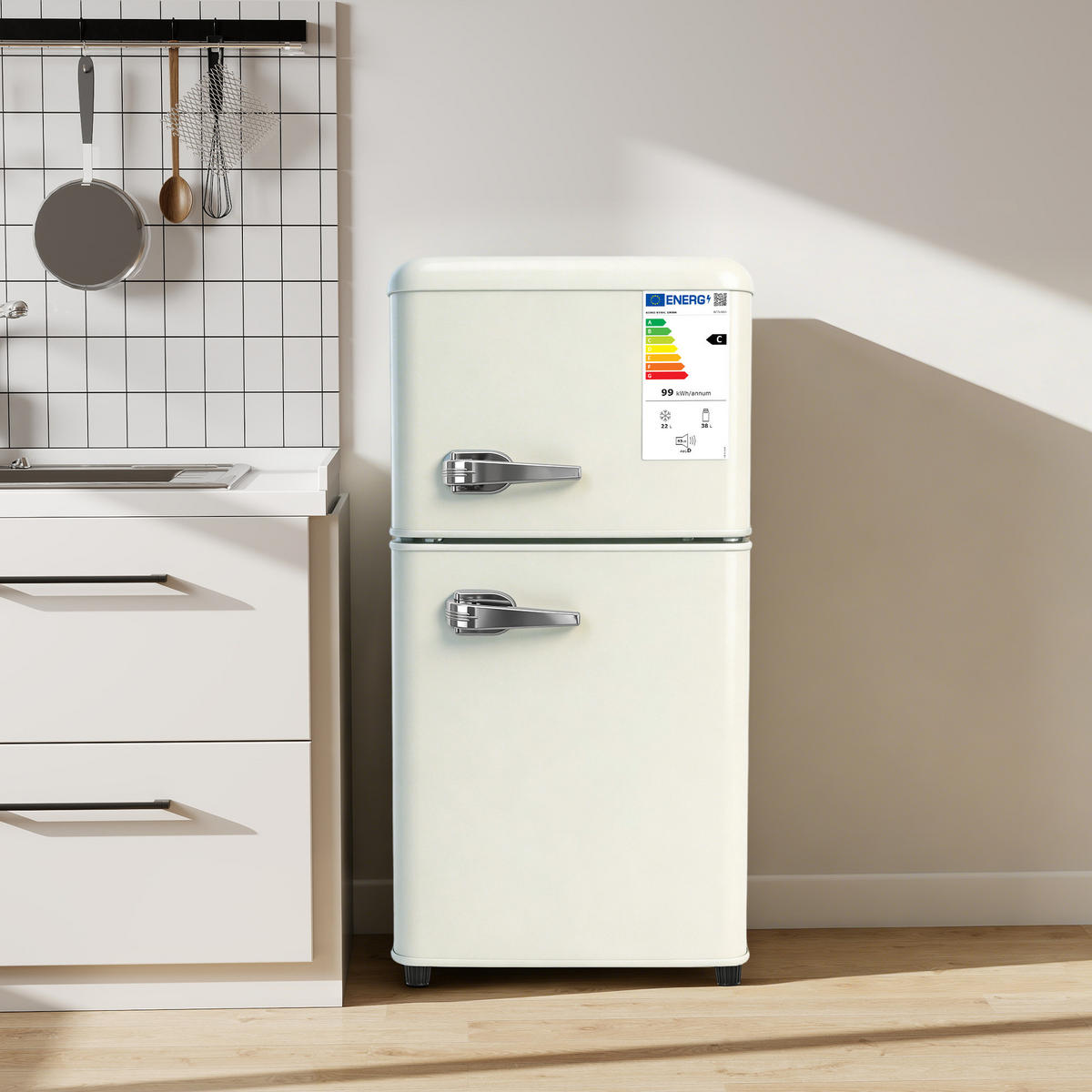 DOPPELTÜR-KÜHLSCHRANK 60L, 41x45x89 cm, Energieeffizienzklasse E, Cremefarben - Weiß, Kunststoff/Metall (41/89/45cm) - FOHERE