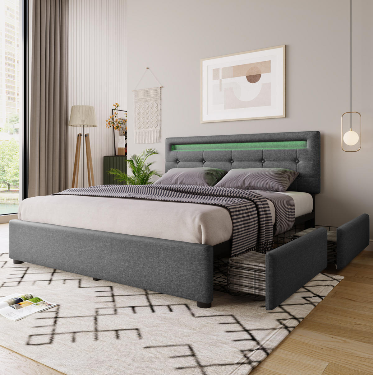 POLSTERBETT 140/200 cm Grau mit LED-Beleuchtung und 4 Schubladen - Grau, Textil (140/200cm) - Flora Grace
