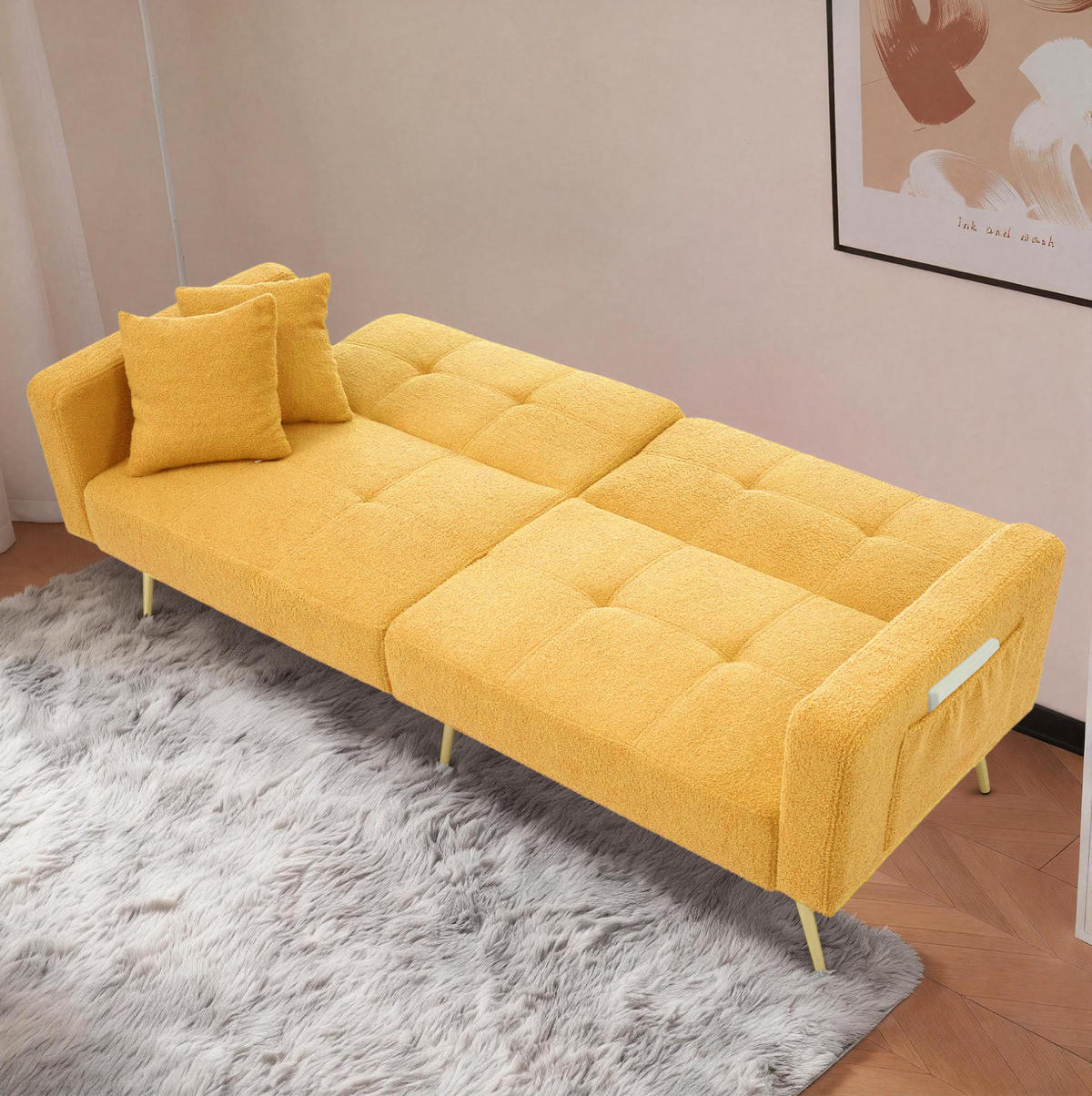 SCHLAFSOFA aus Sherpa 175x64x72 cm in Gelb mit Schlaffunktion & Seitentaschen - Gelb, Textil (175/72/64cm) - Modfu