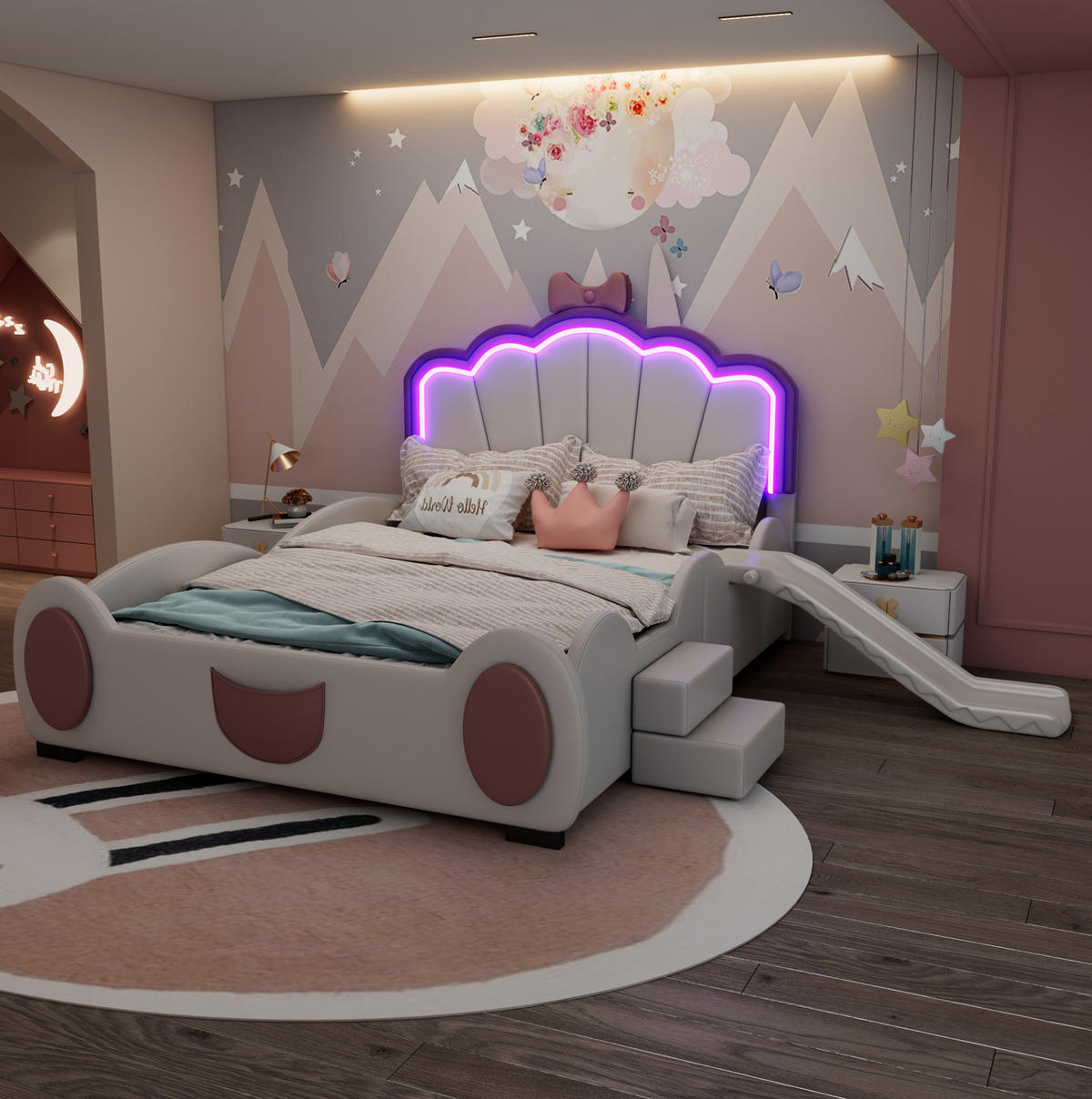 HAUSBETT 140/200 cm Rosa/Weiß aus PU und MDF mit Rutsche und Leiter - Rosa, Kunststoff (140/200cm) - OKMYHOME