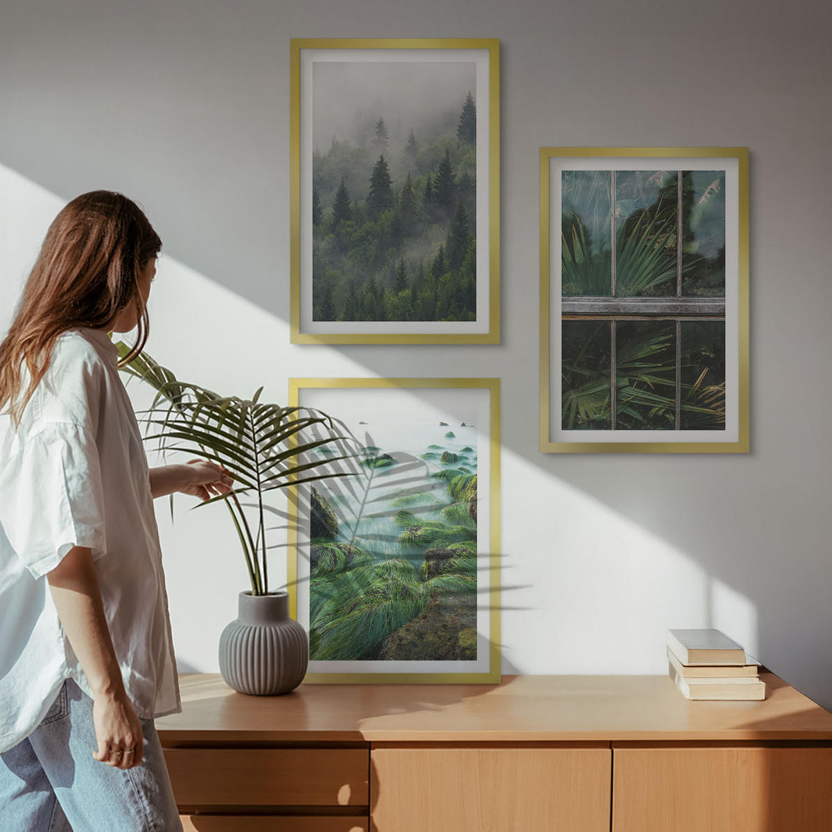 BILDER SET 3er Set - 40x60 cm Goldrahmen - Waldnebel, Flussufer, Gewächshaus - Goldfarben, Kunststoff (40/60cm) - TULUP