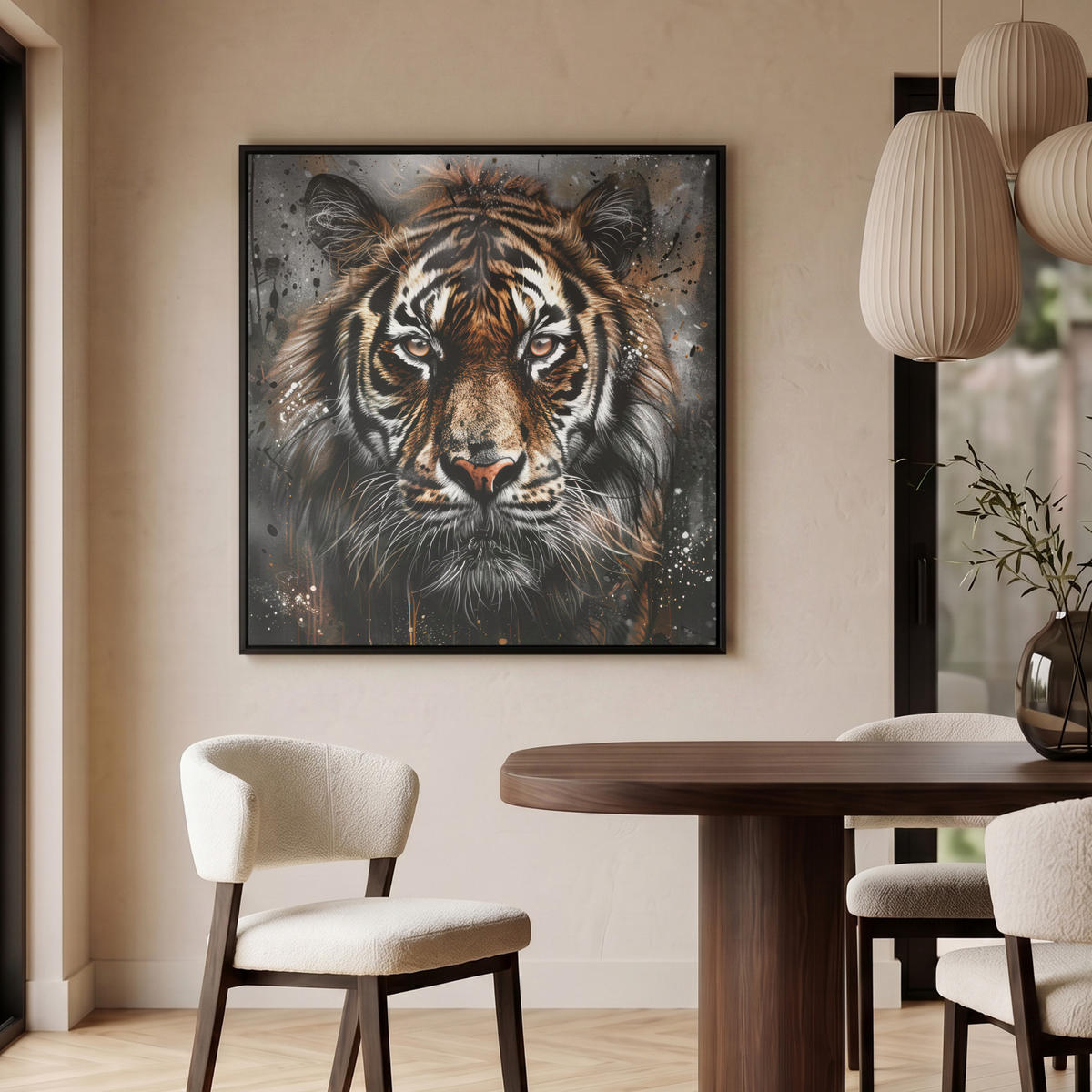LEINWAND Bilder mit Rahmen - Tiger - Tiere - Porträt - Luxus - Schwarz - 90x90 - Braun, Textil (90/90cm) - MuchoWow