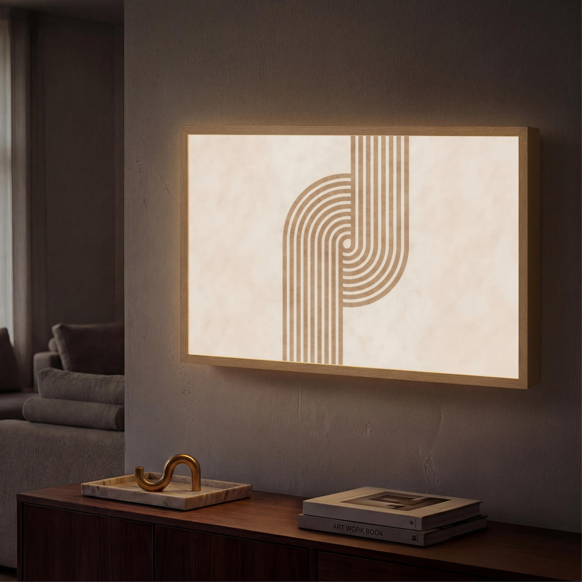 NÁSTĚNNÁ LAMPA S AKUMULÁTOREM Symetrický ohyb - měděná barva 60x40 cm - béžová, kompozitní dřevo (60/40/8cm) - OnlyWow
