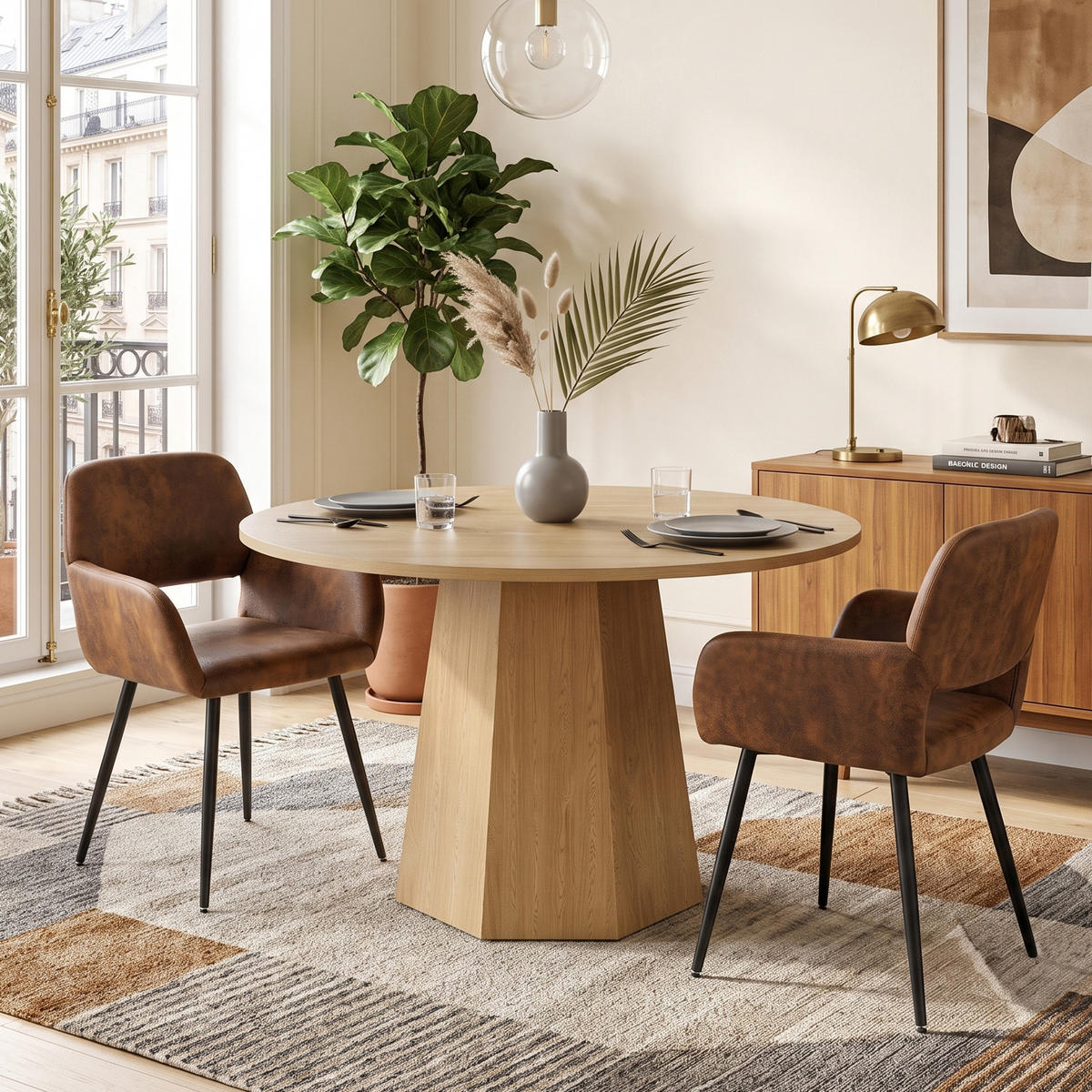 ESSGRUPPE 1+2 Runder Tisch Ø120cm Eiche & 2 braune Armlehnstühle - Eichefarben, Holzwerkstoff (120/75/120cm) - Urban Meuble