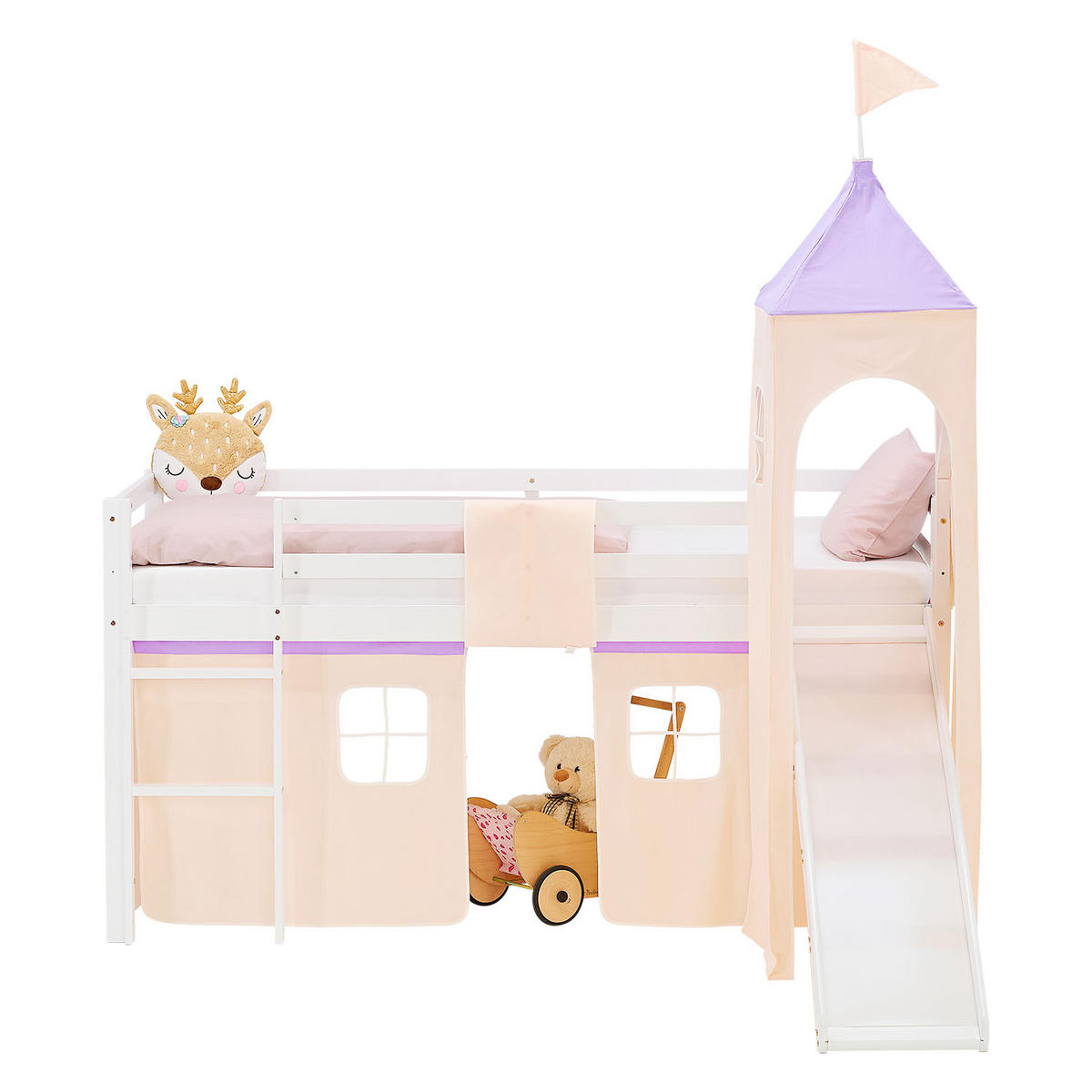 HOCHBETT 90/200 cm in weiß Rutsche Turm Bettvorhang peach Lattenrost - Lila/Weiß, Holz/Textil (90/200cm) - Homestyle4u
