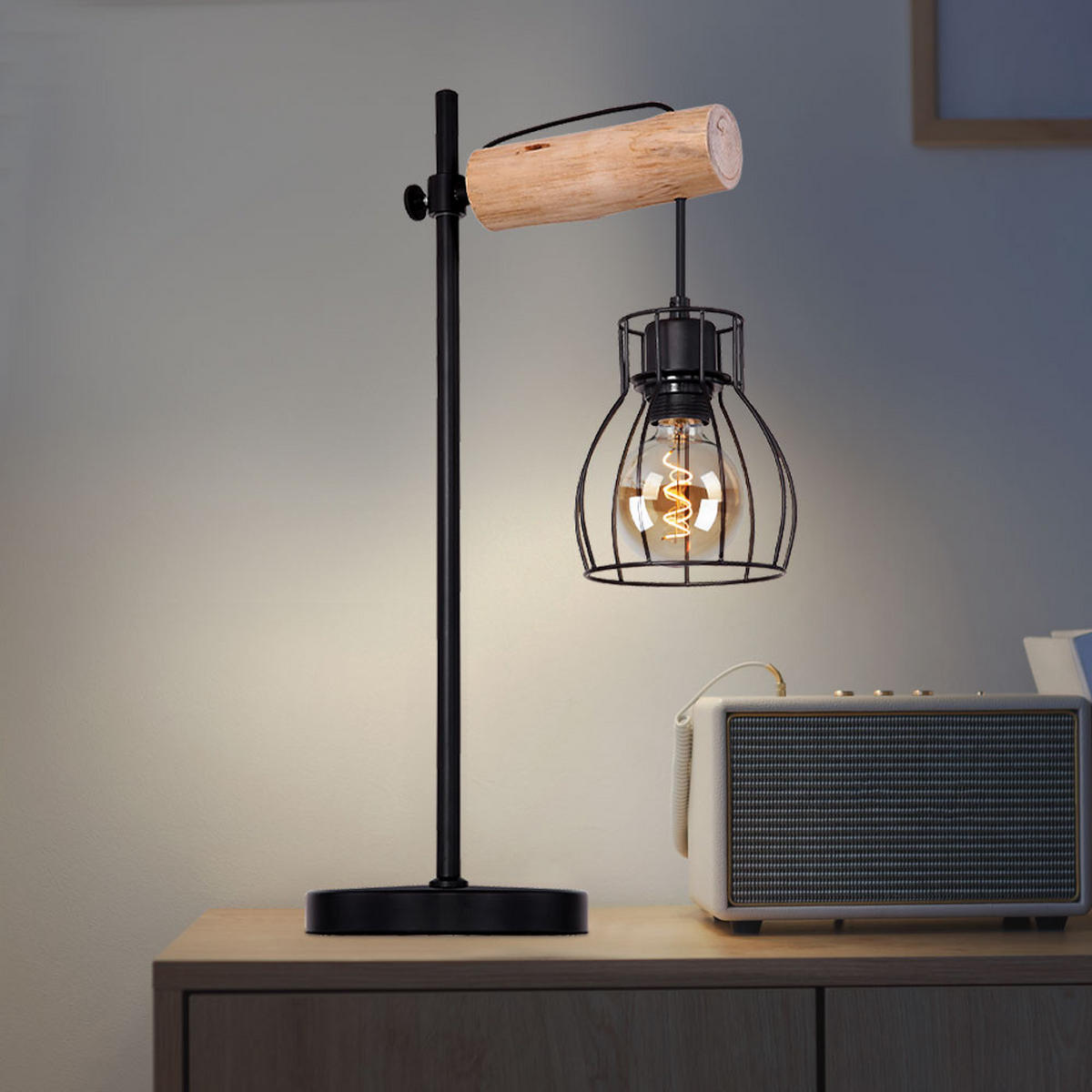 TISCHLEUCHTE Metall Holzoptik Schwarz - Schwarz, Holz (33/18/55cm) - Globo Lighting
