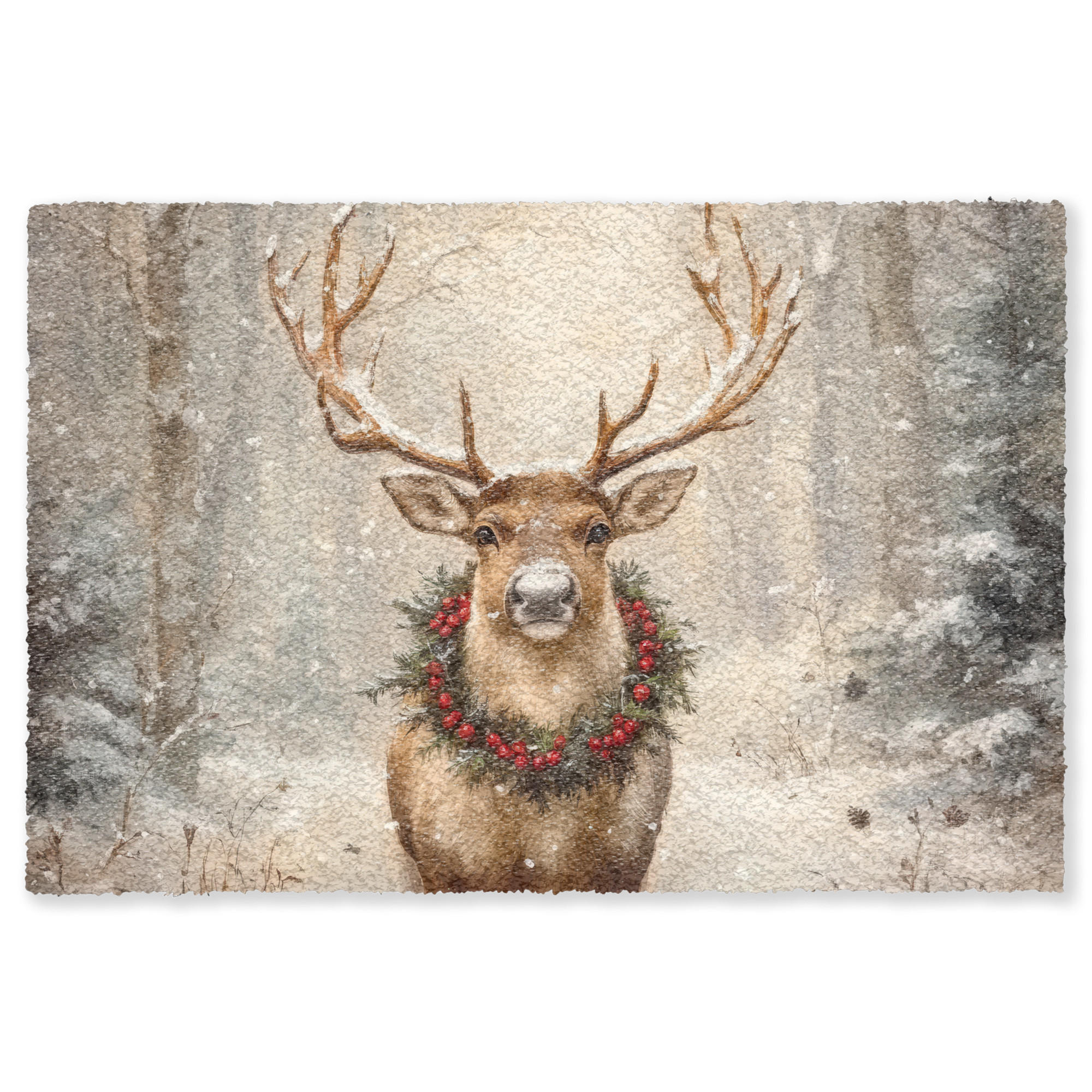 FUSSMATTE Weihnachten - Rentier - Winter - Kranz Flurteppich 180x120 cm - Braun, Kunststoff (180/120cm) - MuchoWow