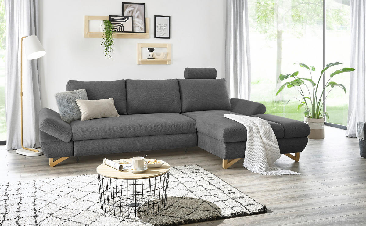 ECKSOFA grau Struktur-Stoff, Sofa mit Bettfunktion und Stauraum 284 cm - Grau, Holz/Textil (284/166cm) - Furn.Design