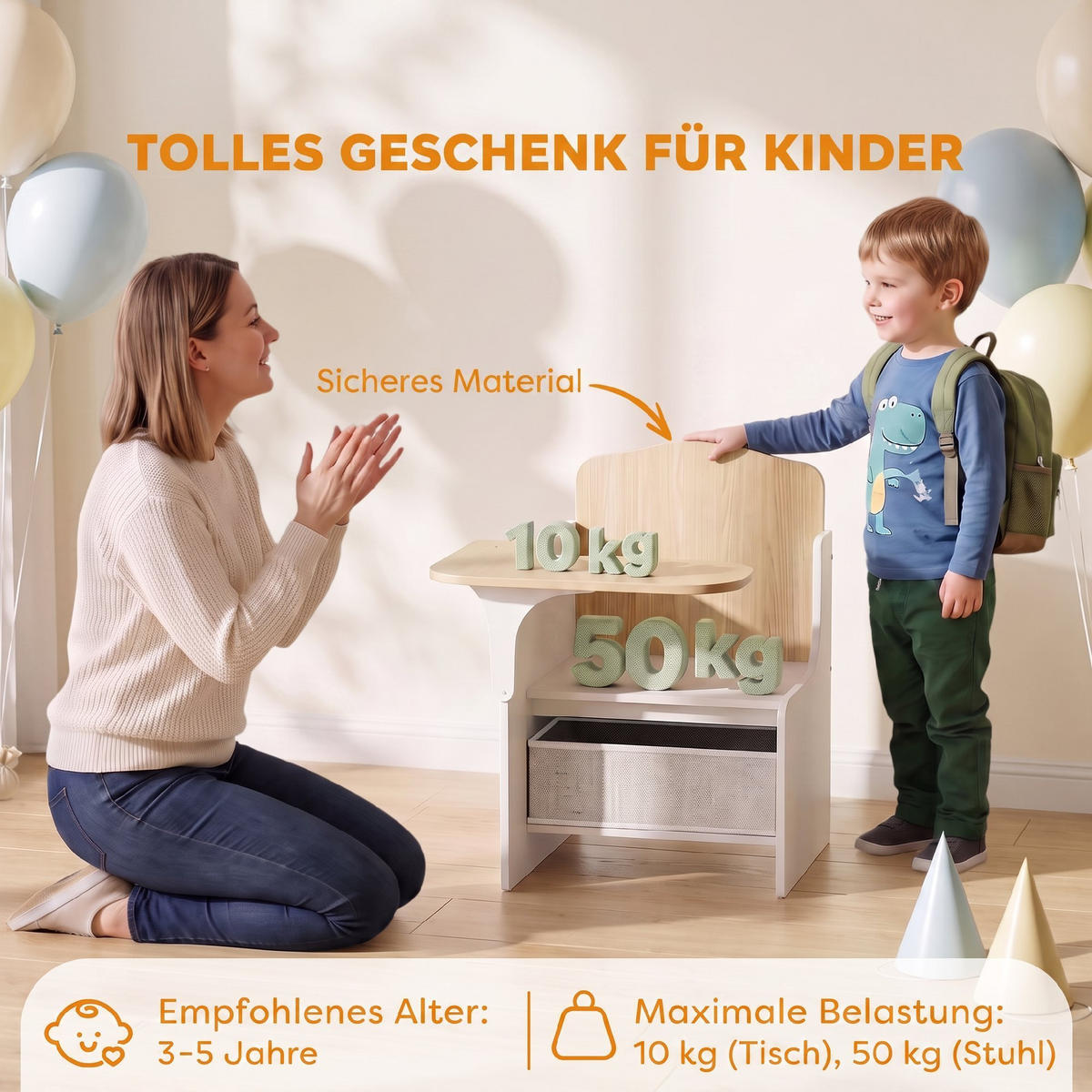 KINDERTISCH-MIT-STUHL MDF Vliesstoff Weiß - Weiß, Holzwerkstoff/Textil (51/59/58.5cm) - AIYAPLAY